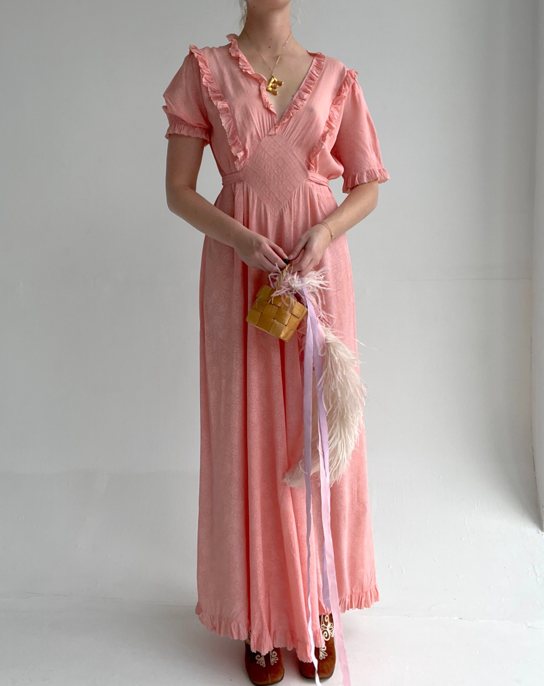 1930's Printed Silk 3/4 Puffed Sleeve Dress