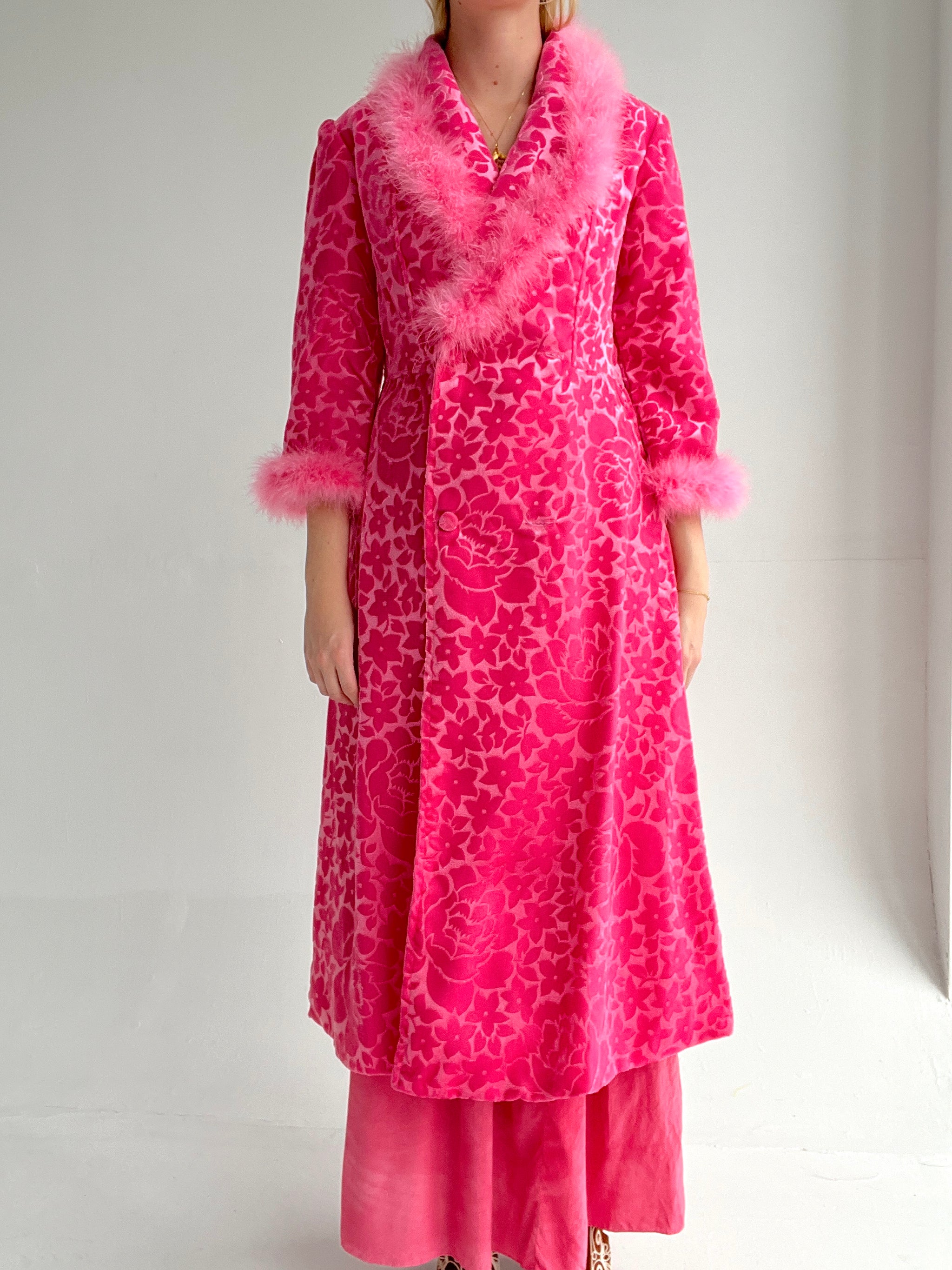 1960's Hot Pink Velvet Coat with Feather Trim  Eveliina Vintage
