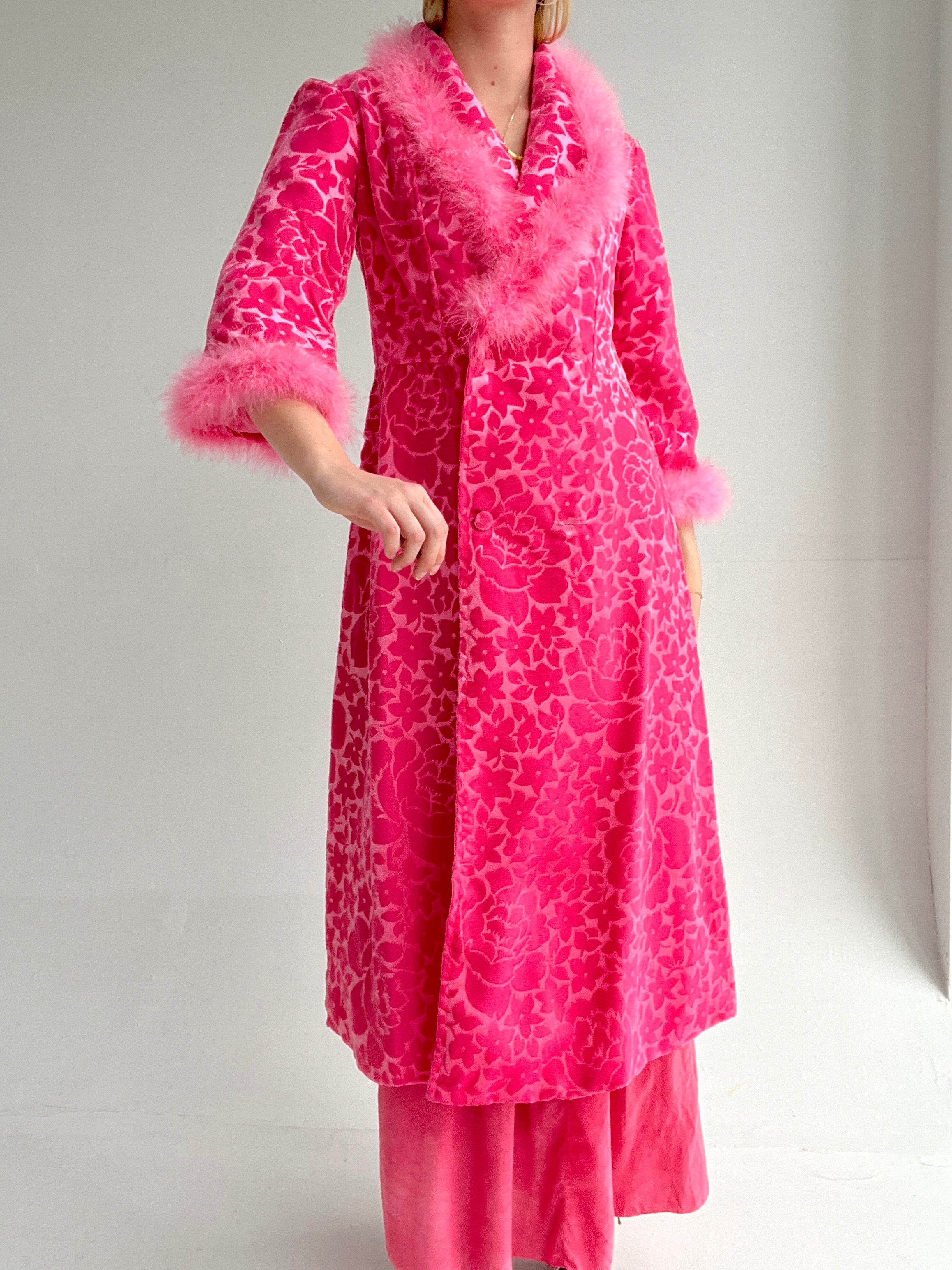 1960's Hot Pink Velvet Coat with Feather Trim