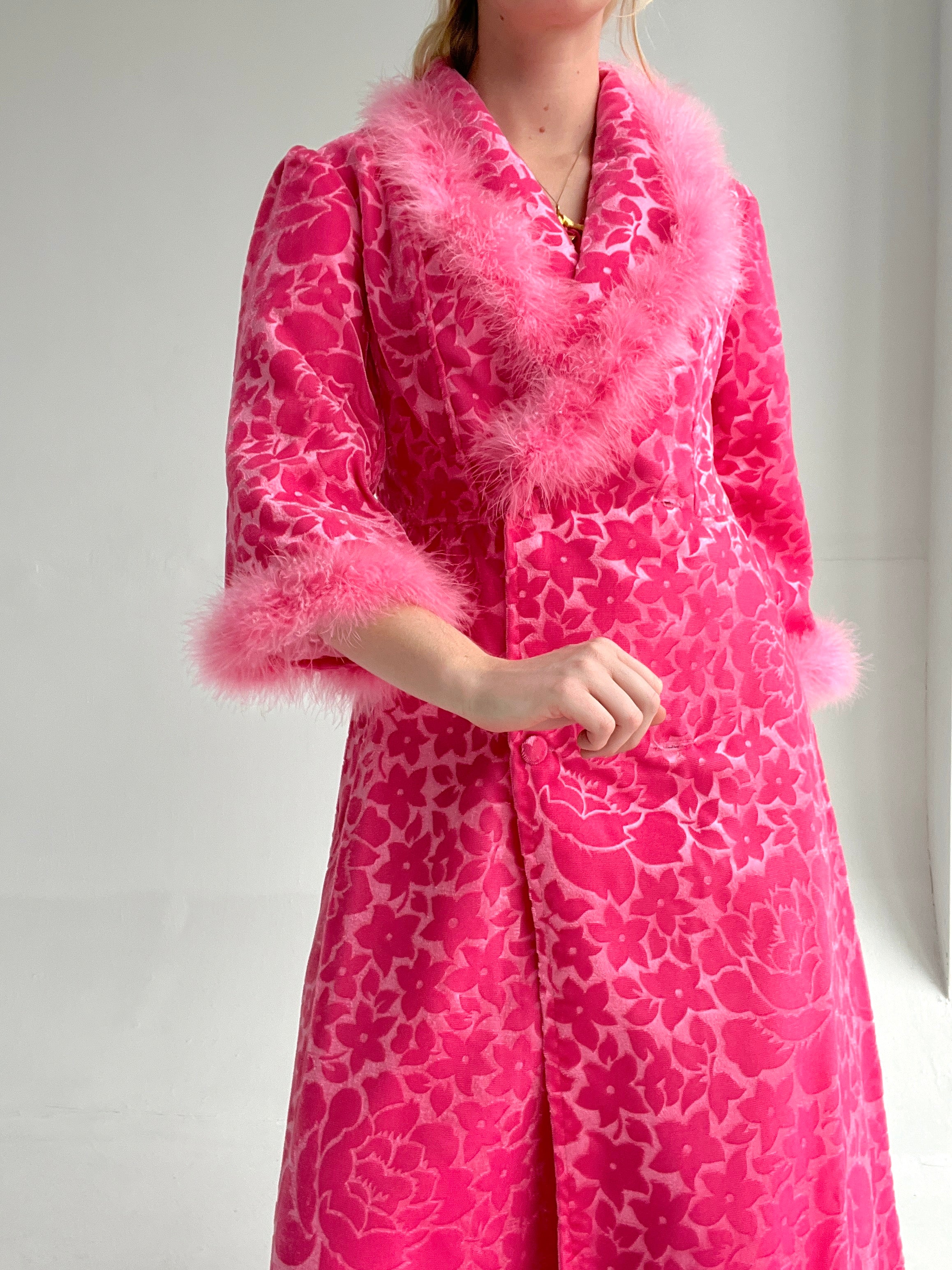 1960's Hot Pink Velvet Coat with Feather Trim