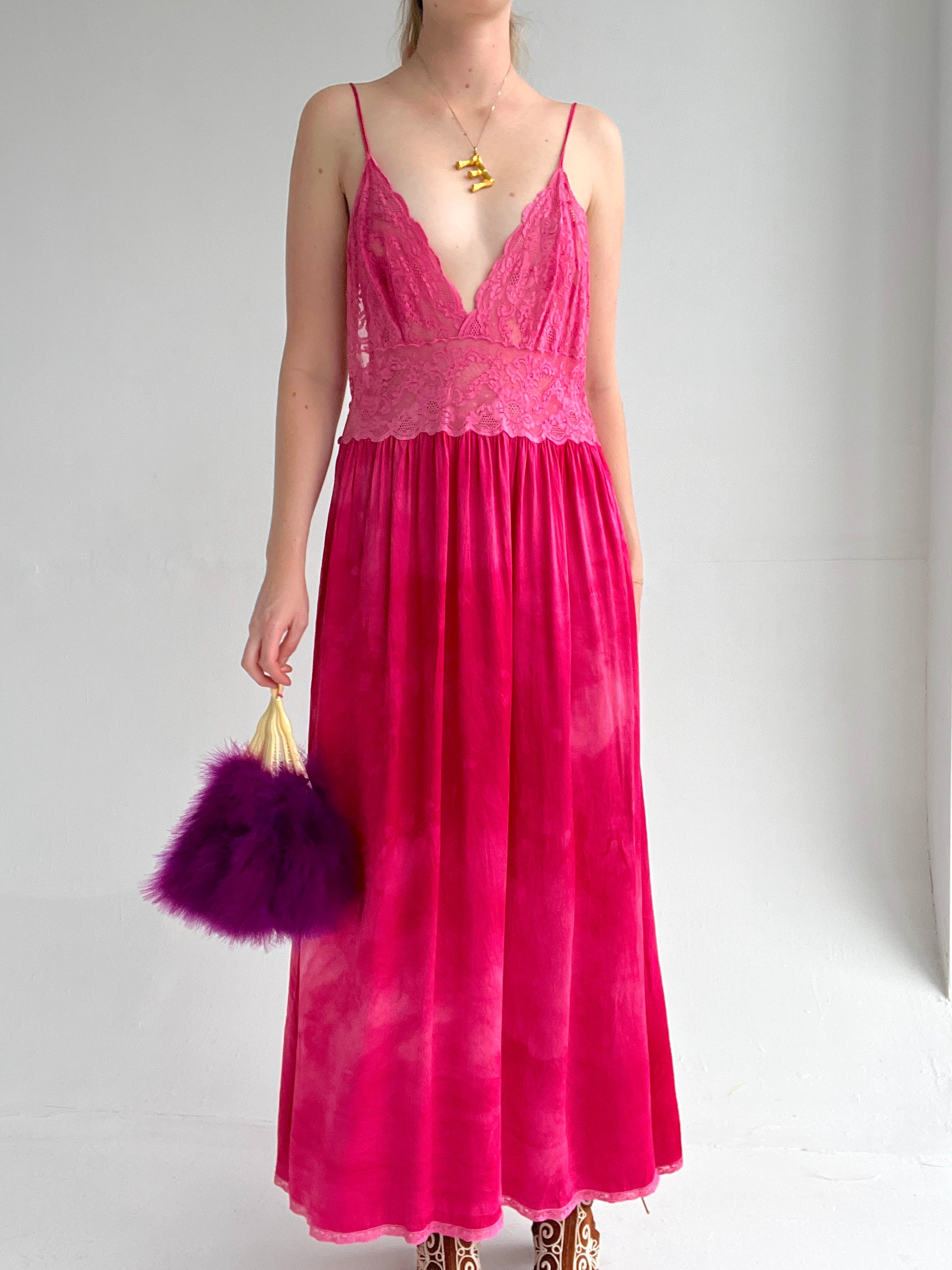 Hand Dyed Bright Pink Silk Spaghetti Strap Slip Dress