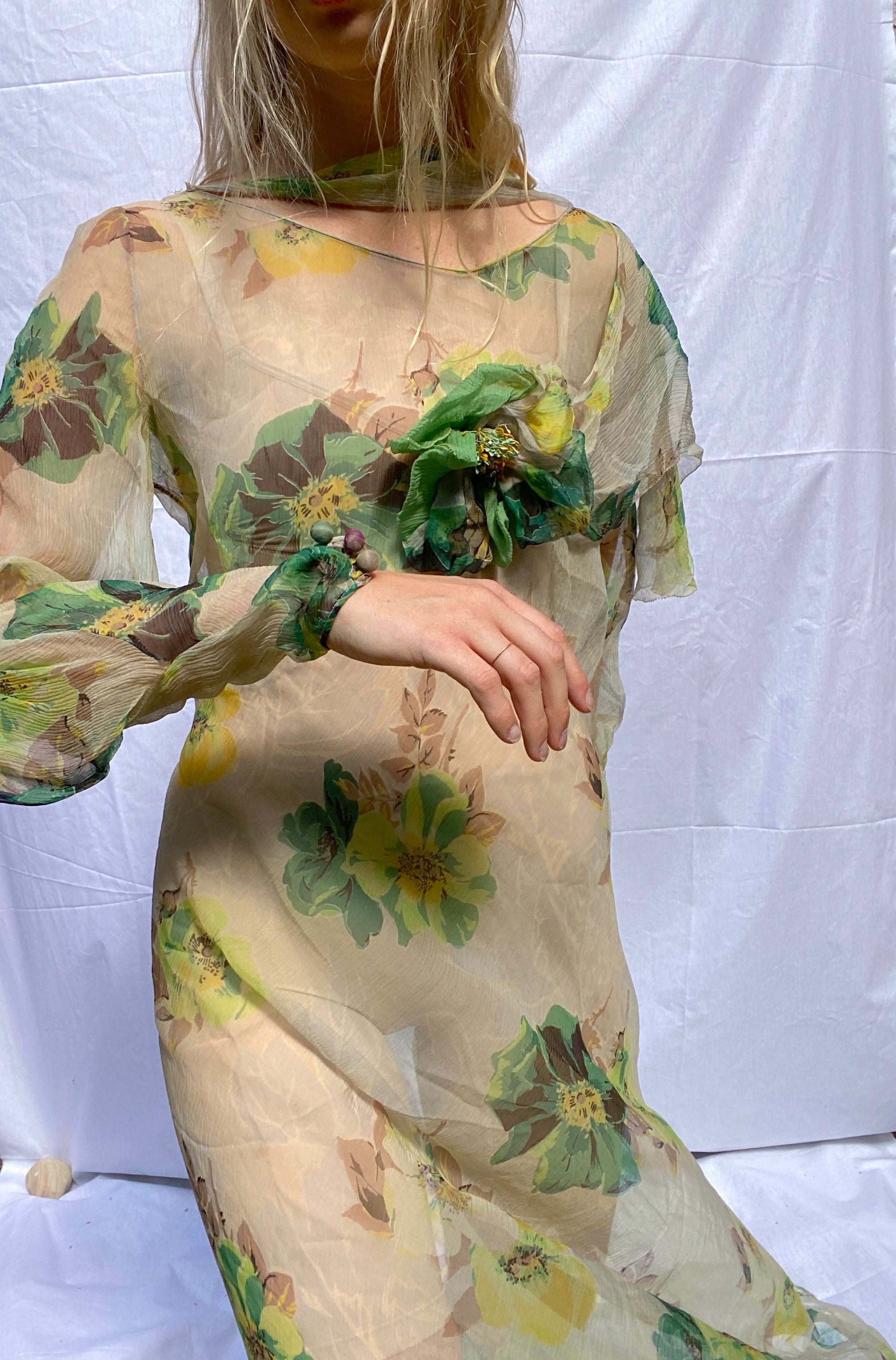 Vibrant Green Floral Print Silk Chiffon Long Sleeve Dress