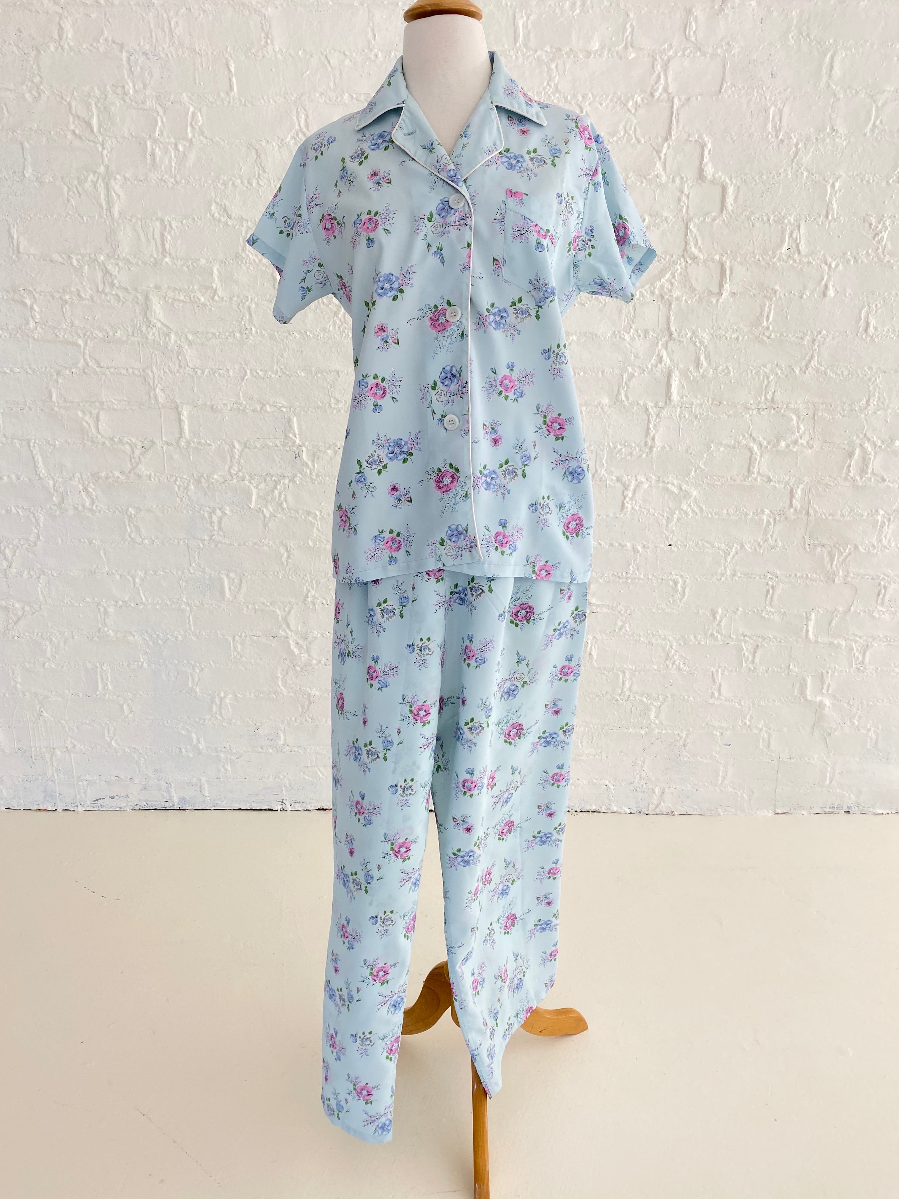 Blue Rayon Pajama Set With Floral Print