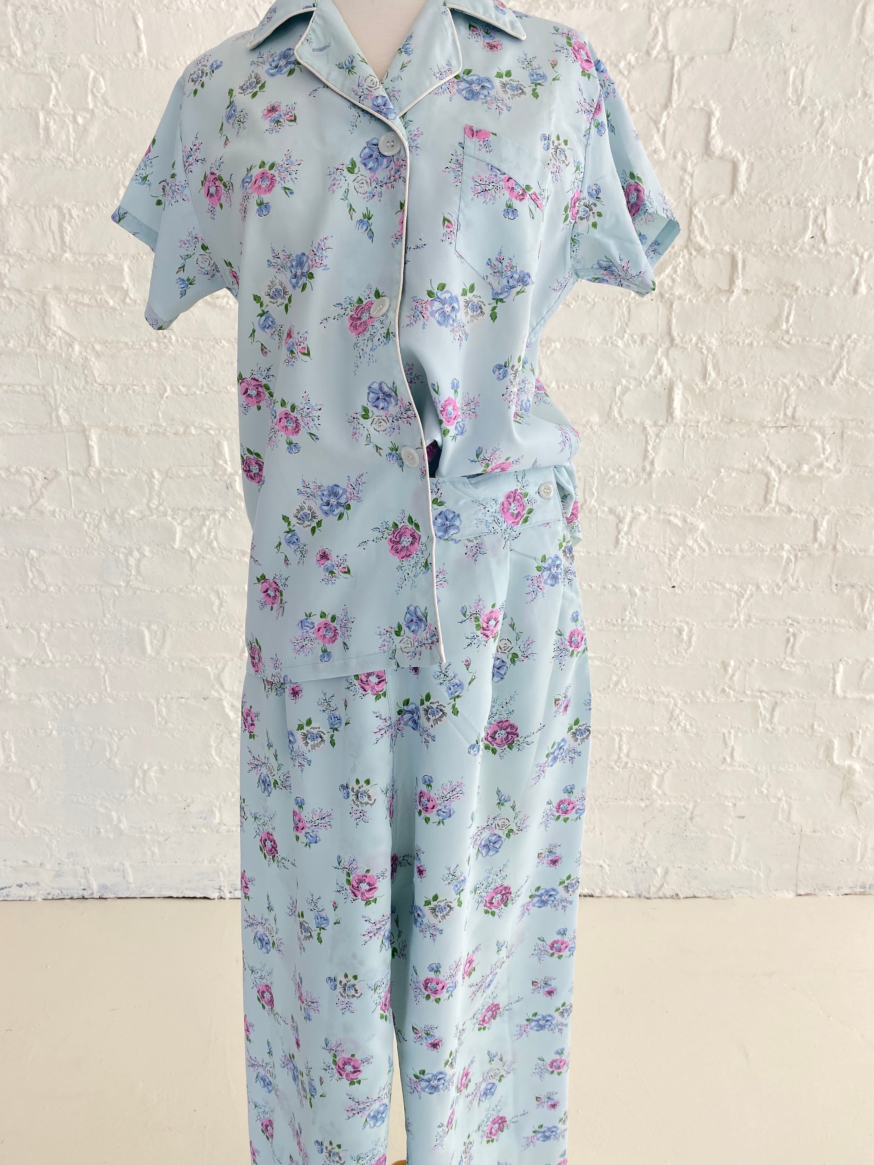 Blue Rayon Pajama Set With Floral Print