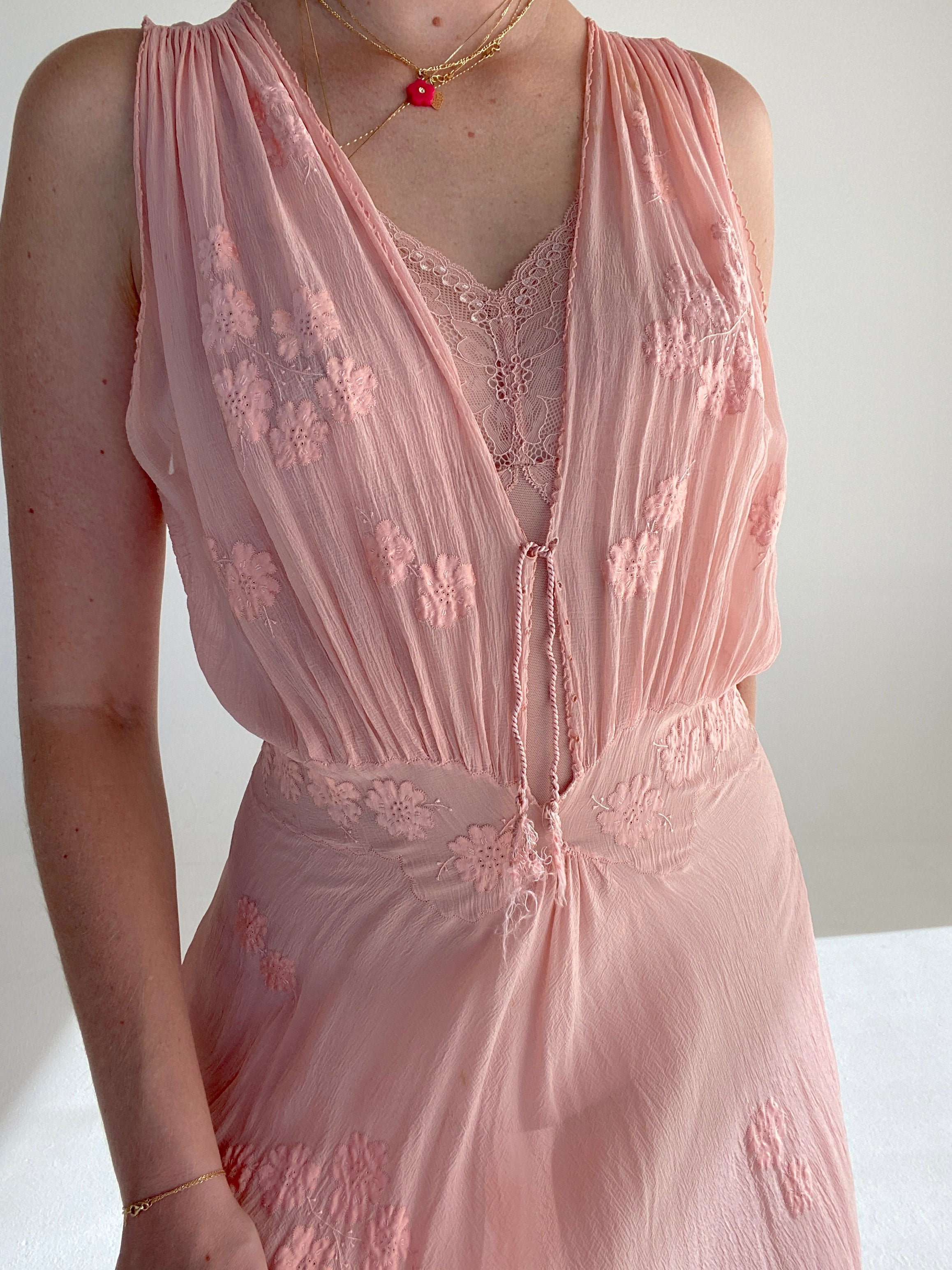 1930's Powder Pink Embroidered Chiffon Dress