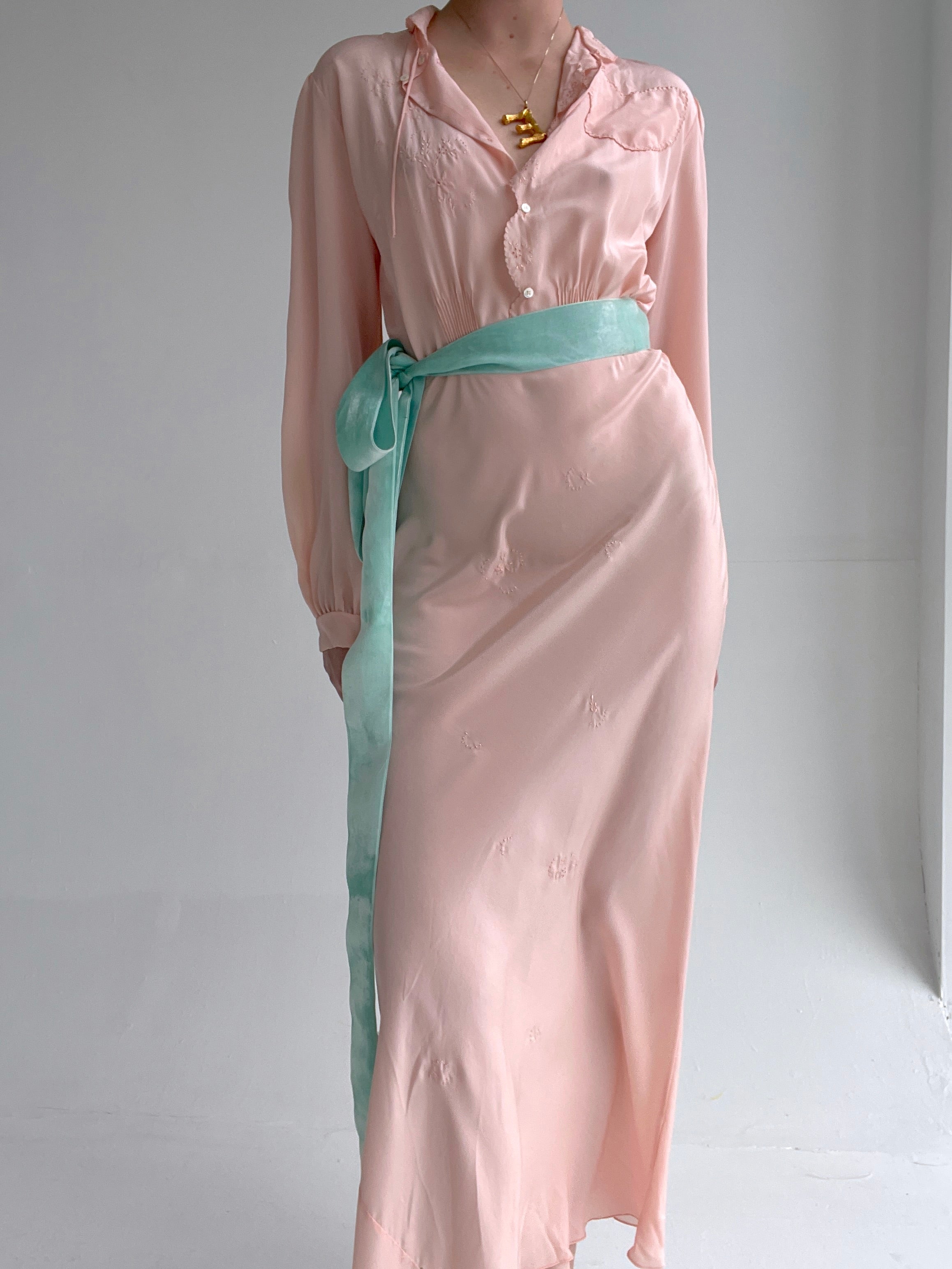 1930's Pink Silk Long Sleeve Dress With Heart Pocket