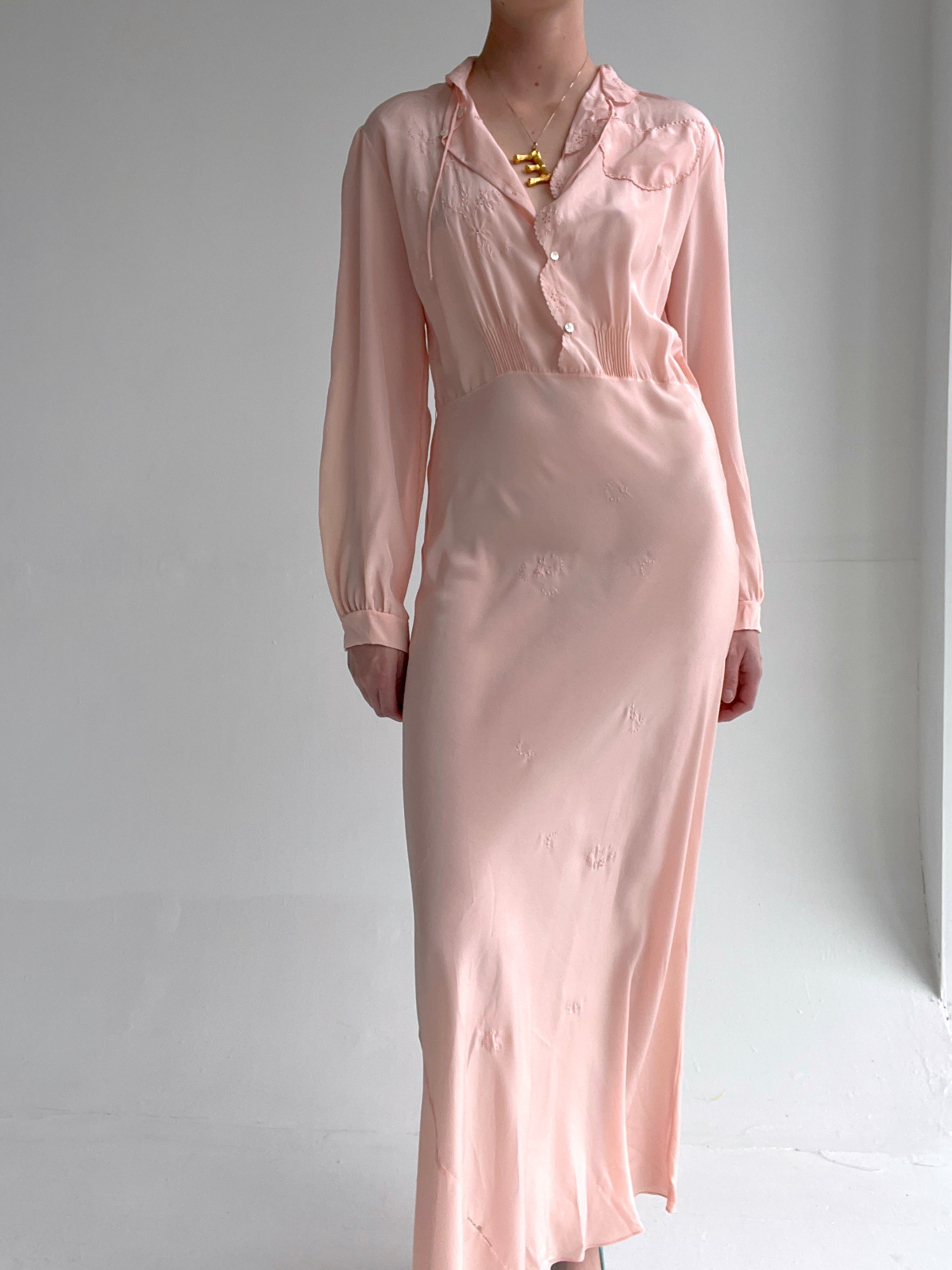 1930's Pink Silk Long Sleeve Dress With Heart Pocket