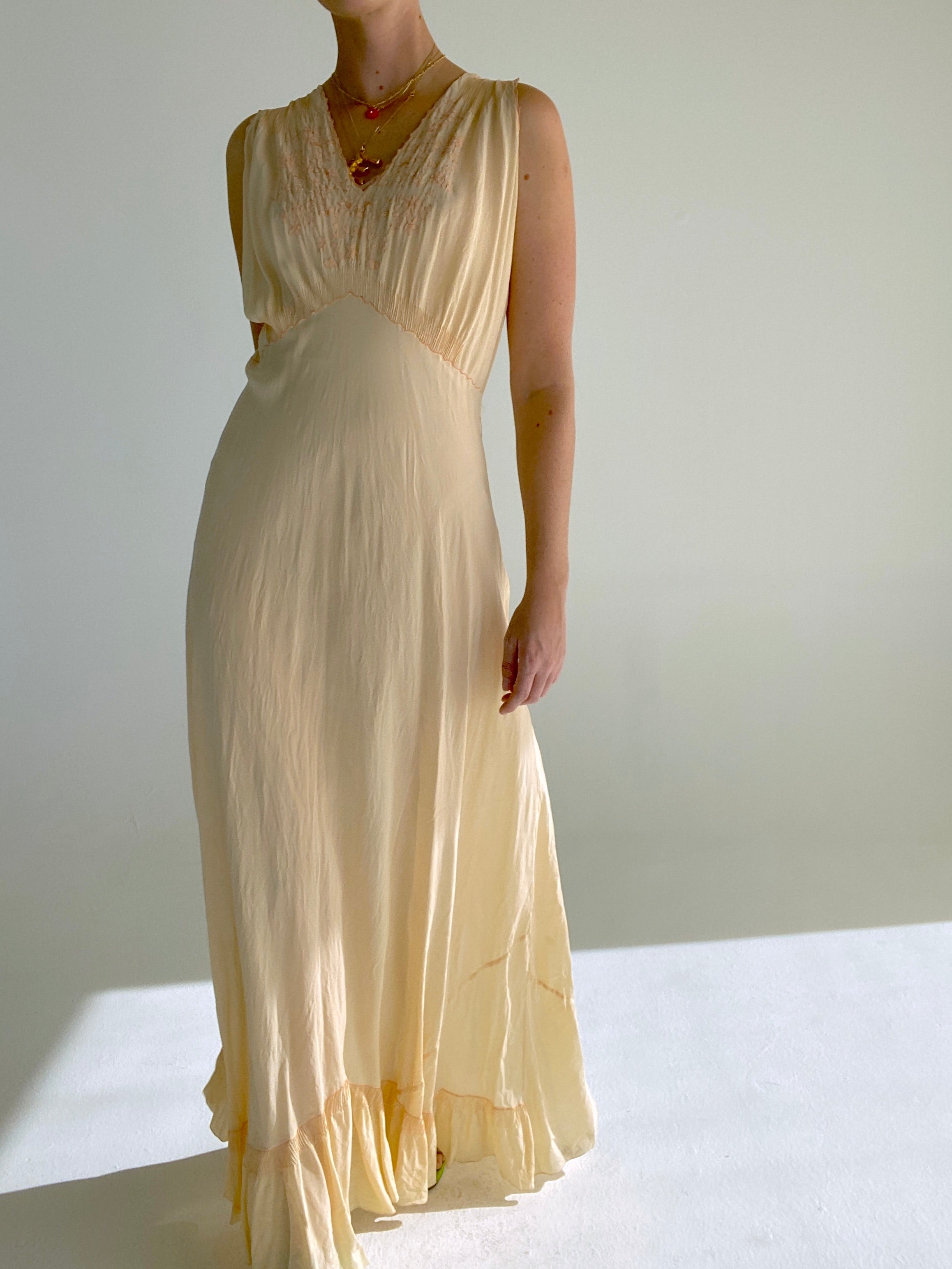 1930's Butter Yellow Silk Slip with Pink Embroidery