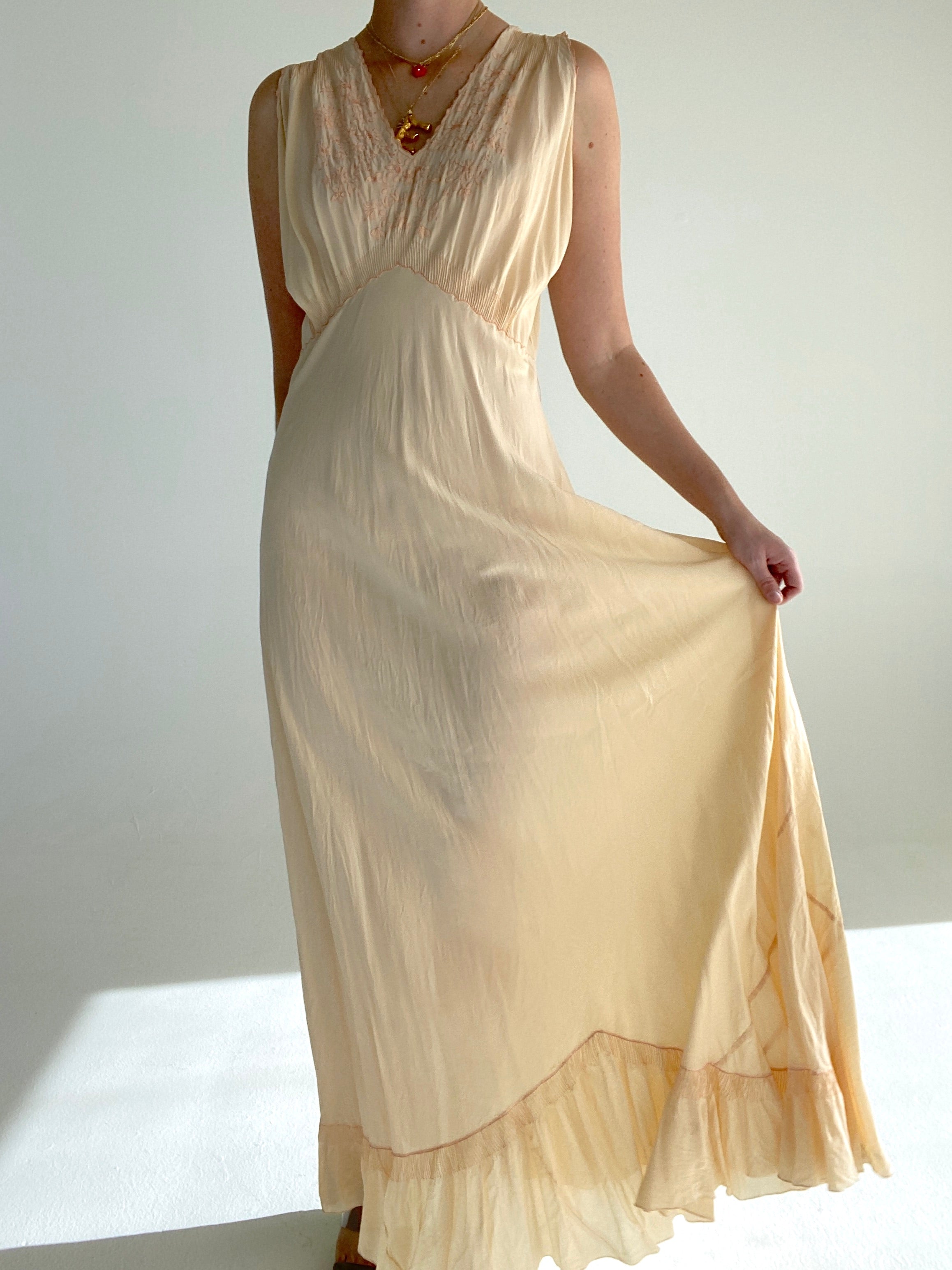 1930's Butter Yellow Silk Slip with Pink Embroidery