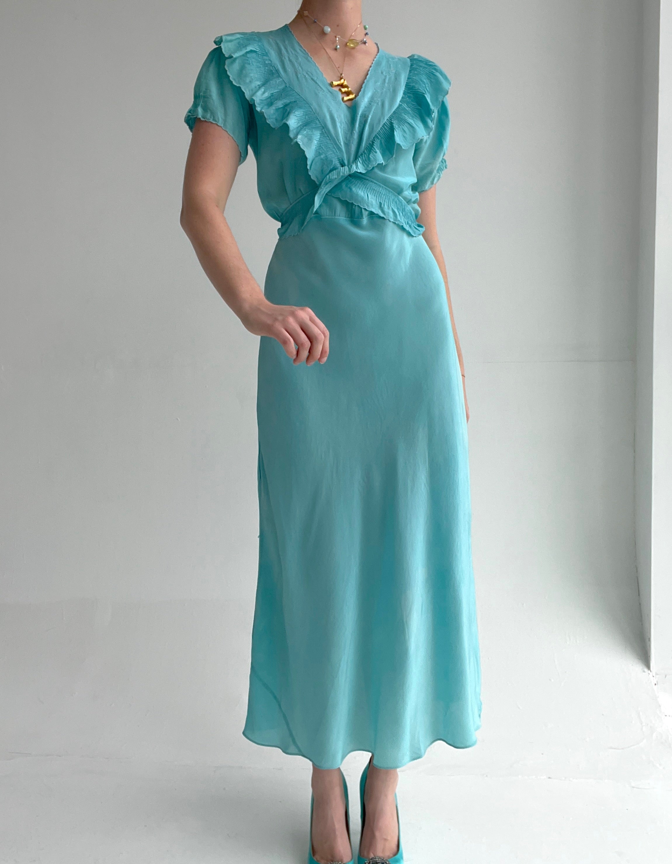 3/4 sleeve silk dress Blue Coast Placement Print 3/4 Sleeve Organza Midi Dress