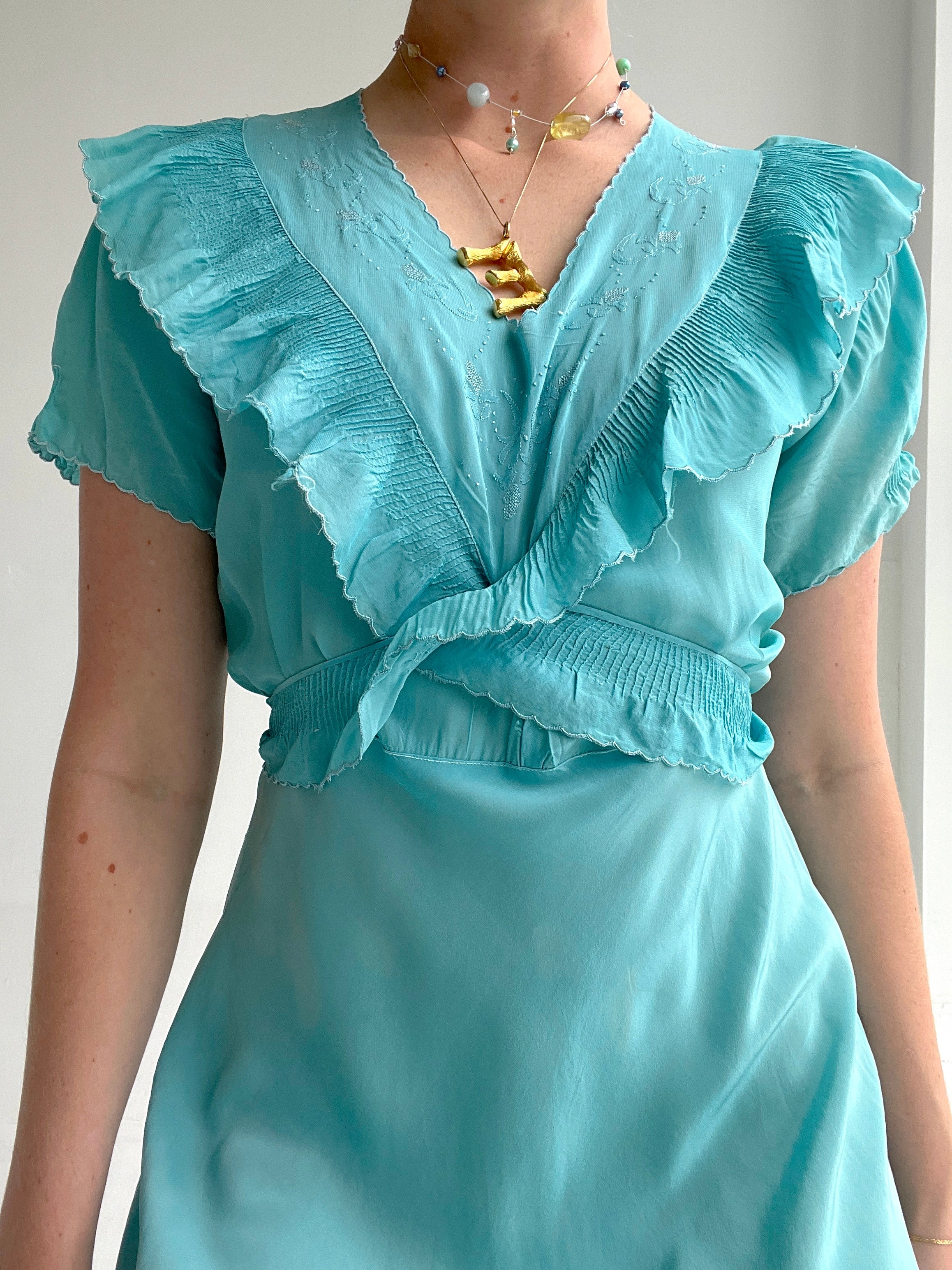Hand Dyed Sky Blue Silk Dress With 3/4 Sleeve Eveliina Vintage Hand Dyed Sky Blue Silk Dress With 3/4 Sleeve Eveliina Vintage