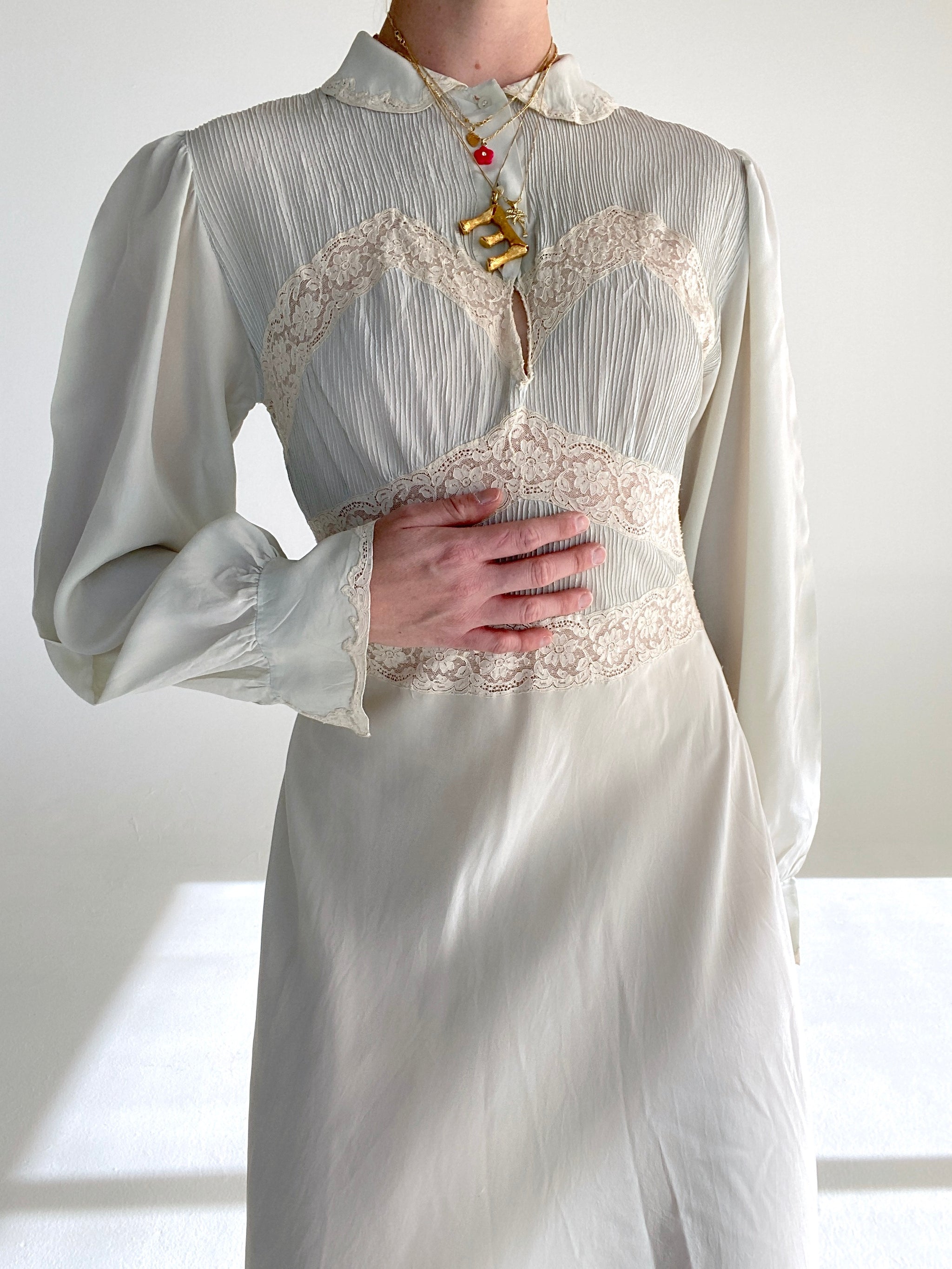 1930's Pale Seafoam Silk Long Sleeve Dress  Eveliina Vintage