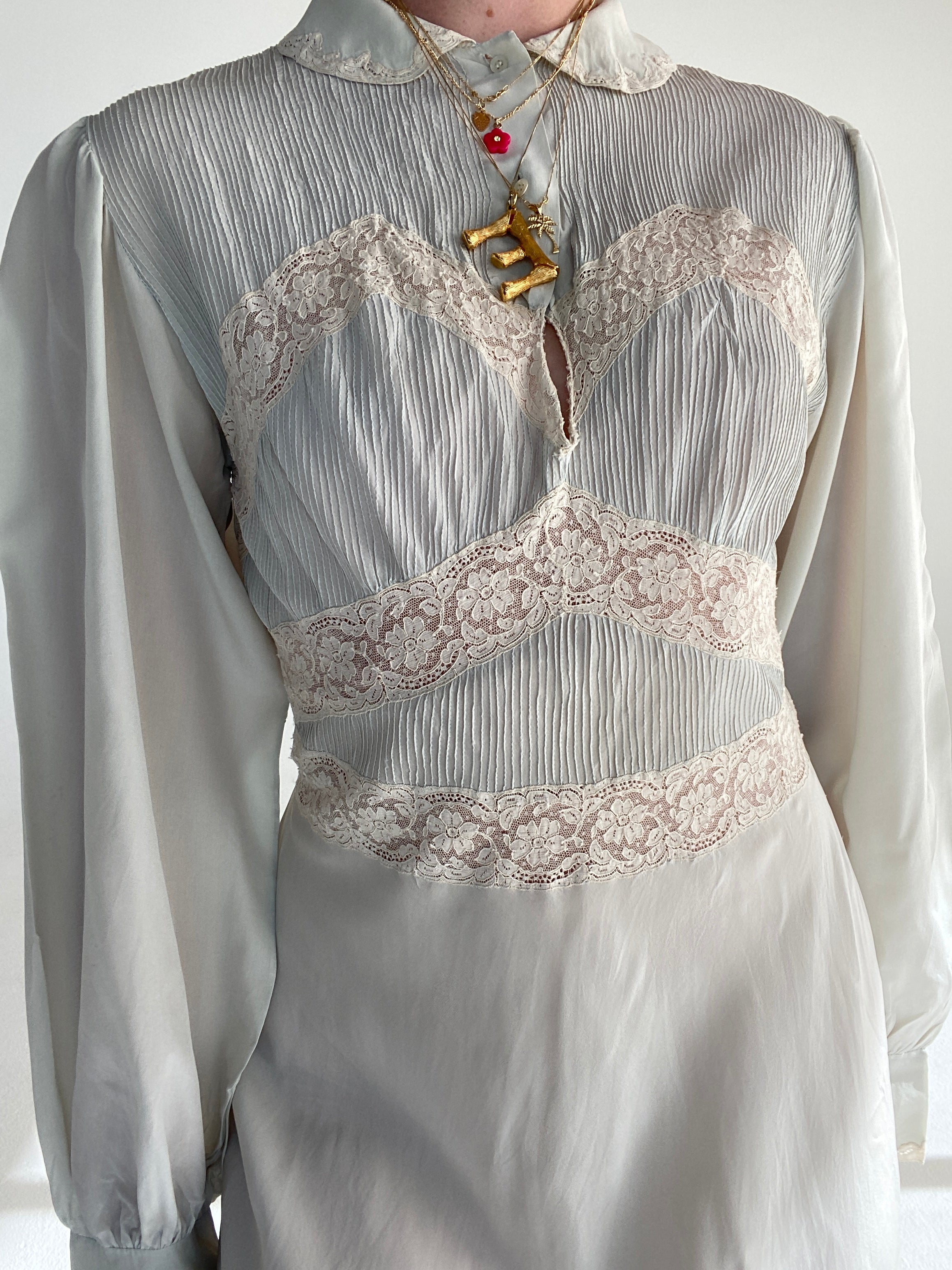 1930's Pale Seafoam Silk Long Sleeve Dress