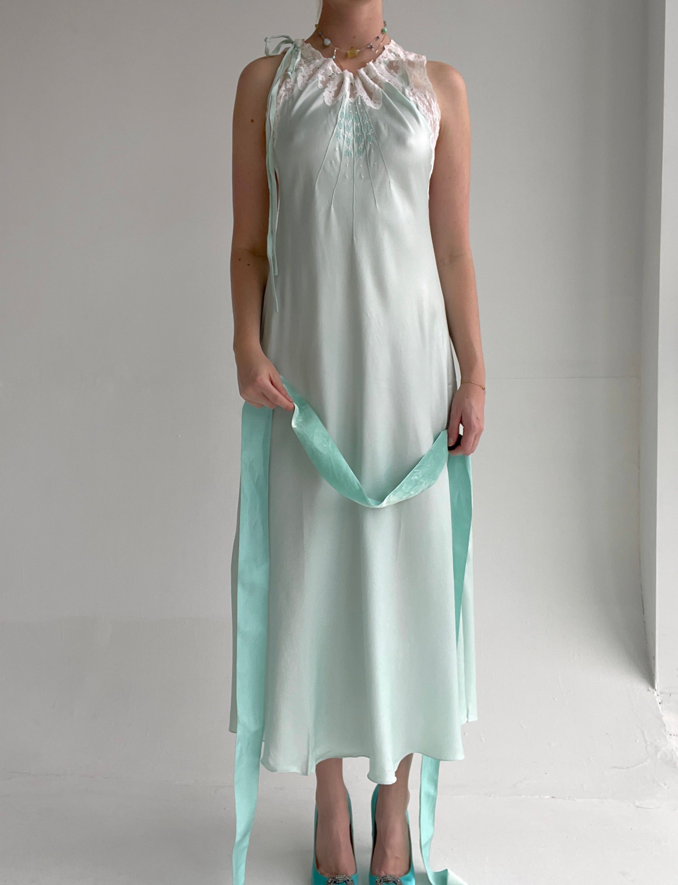 1930's Aqua Silk Dress