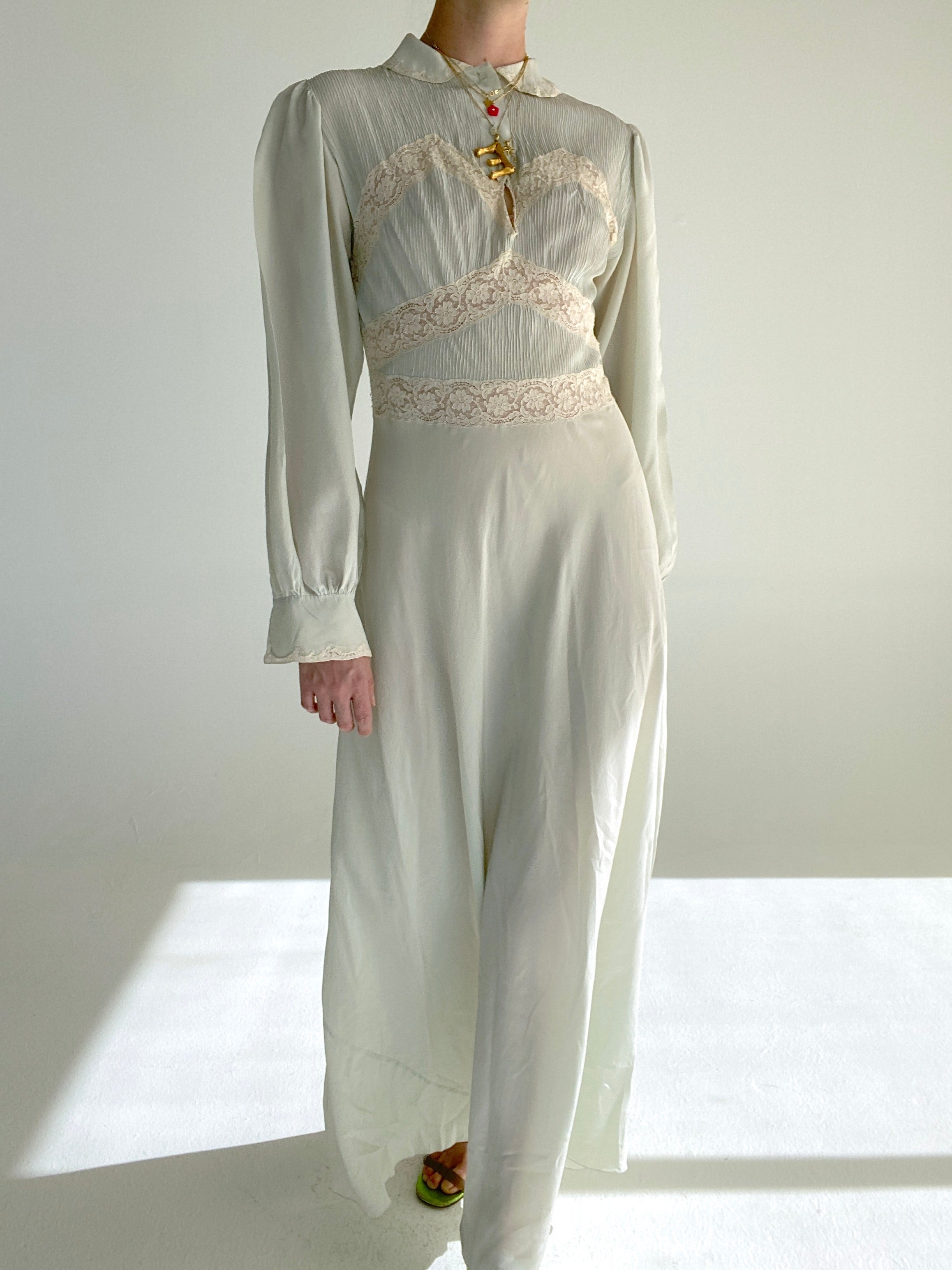 1930's Pale Seafoam Silk Long Sleeve Dress Eveliina Vintage 1930's Pale Seafoam Silk Long Sleeve Dress Eveliina Vintage