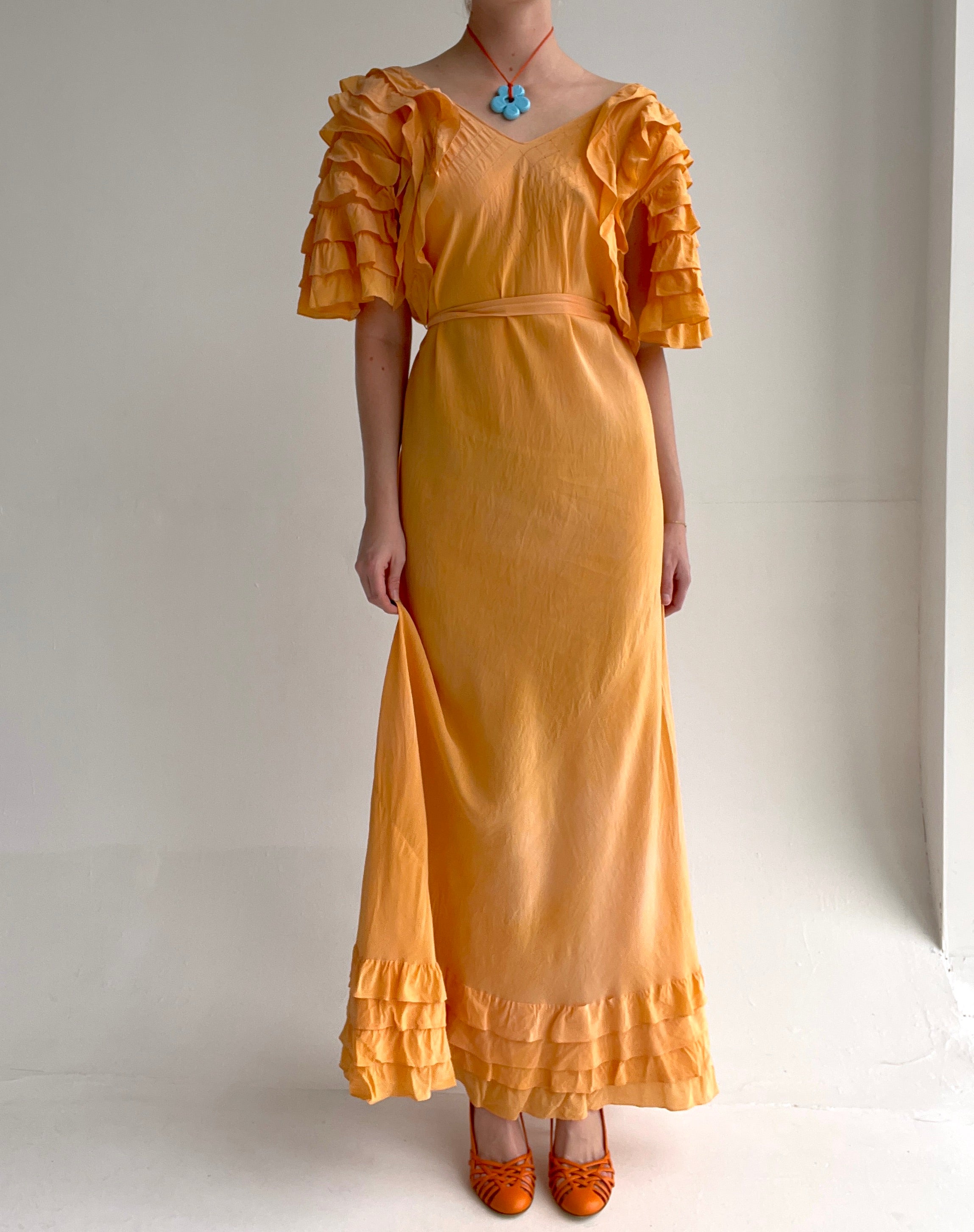 Hand Dyed Clementine Silk Dress with Ruffles – Eveliina Vintage