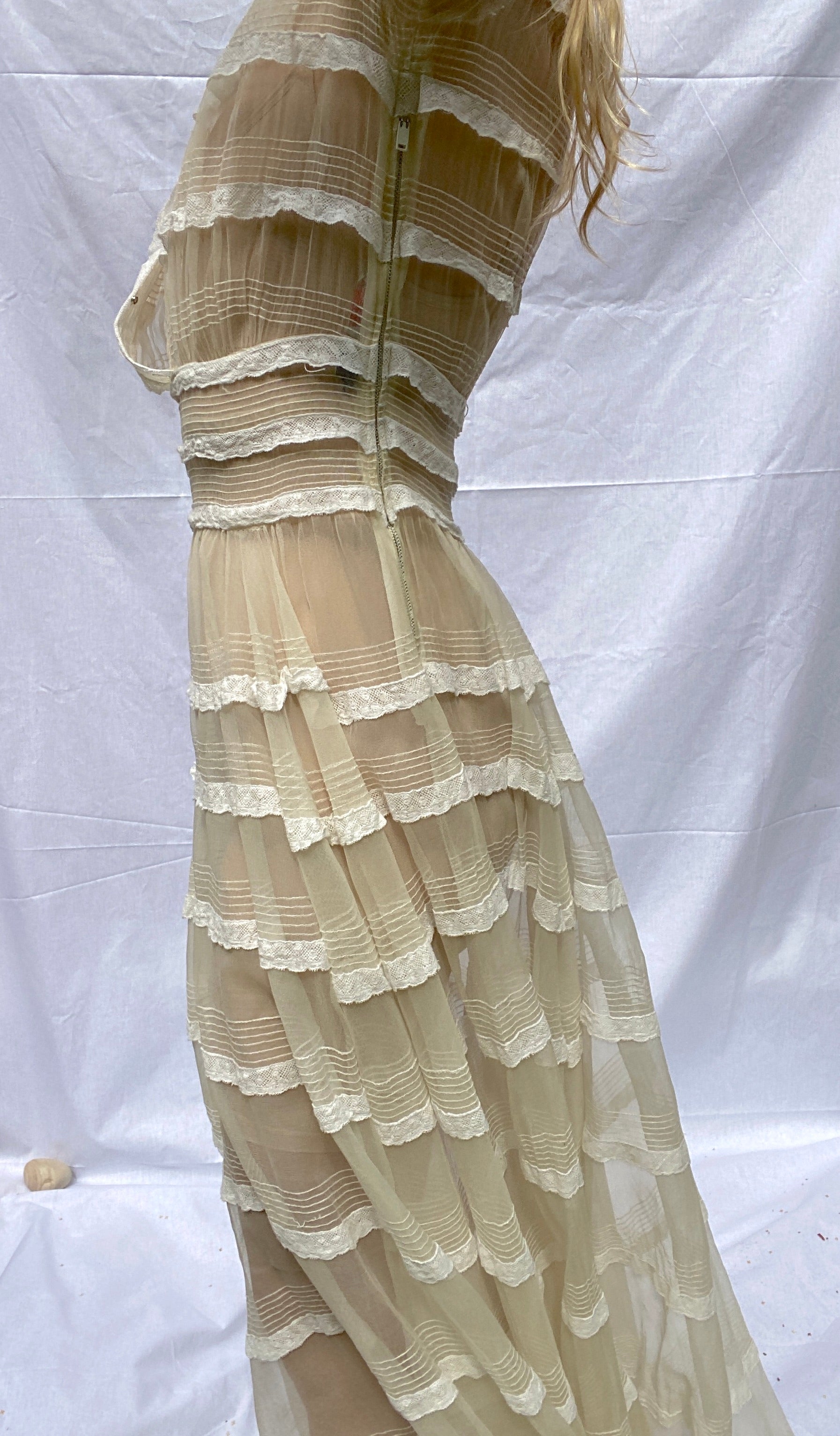 1940's Cream Cotton Organza Dress with White Lace Stripes