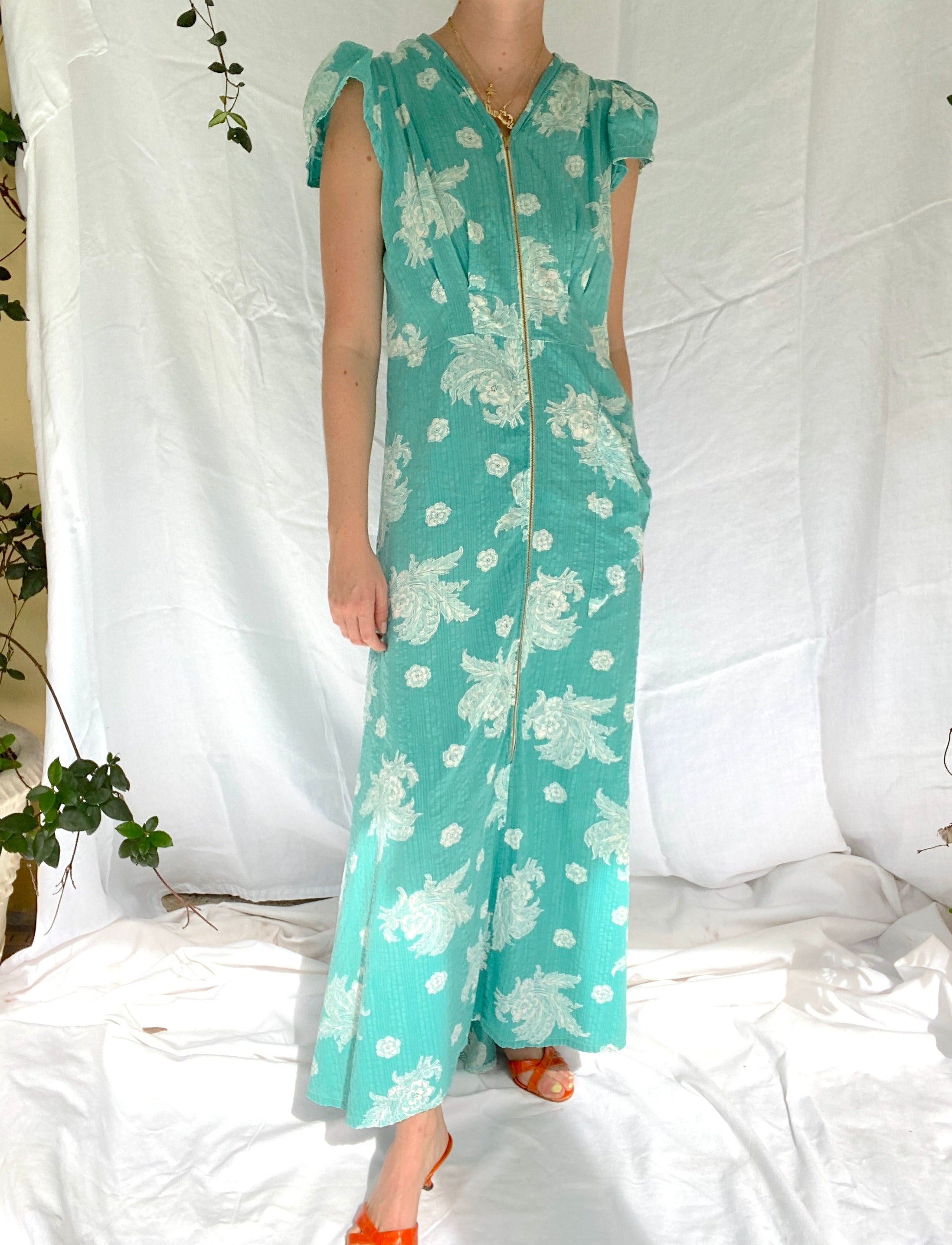 1930's Turquoise 3/4 Zip Floral Print Dress