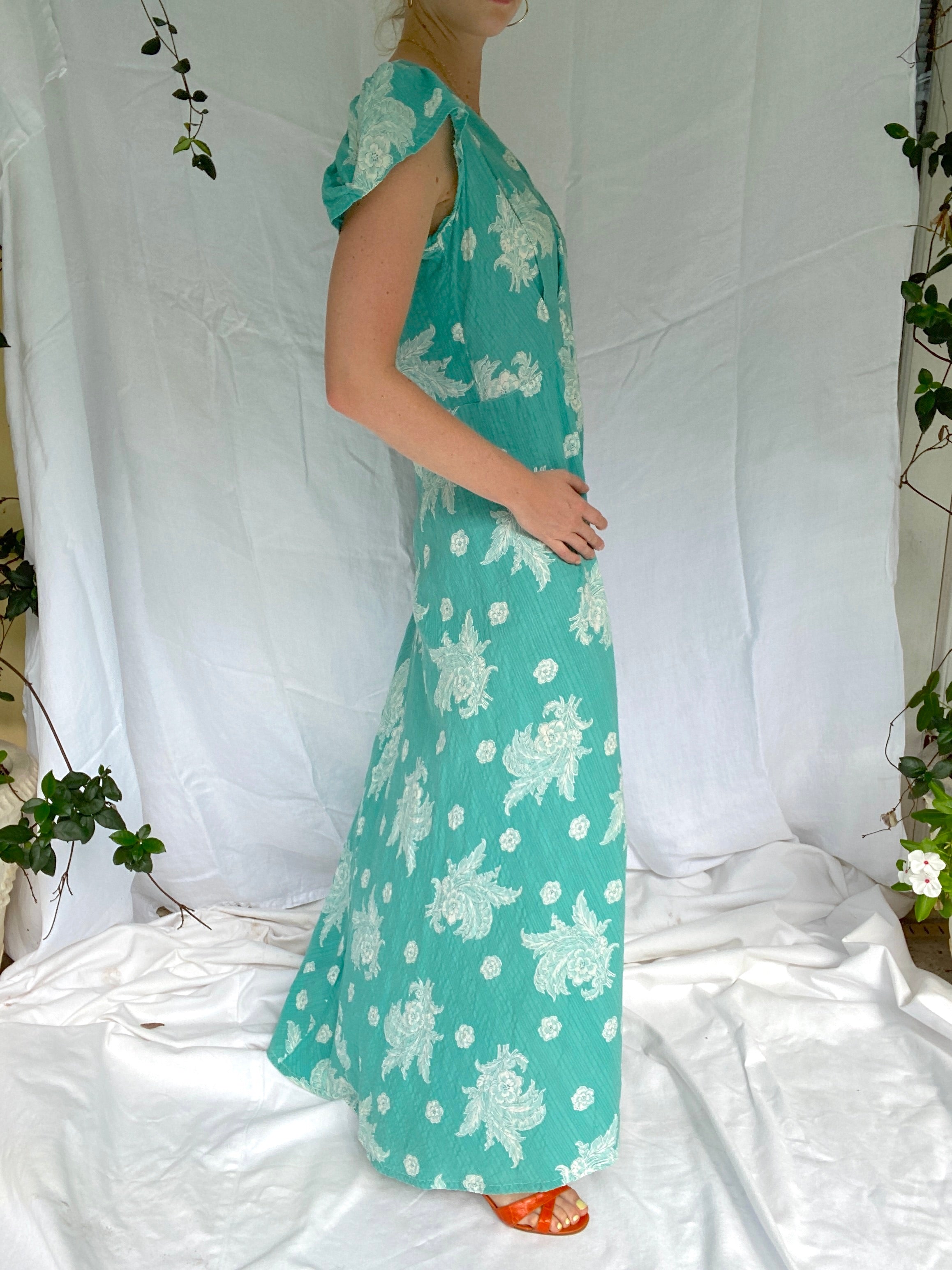 1930's Turquoise 3/4 Zip Floral Print Dress