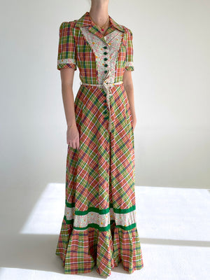 1970's Plaid and Floral Cotton Dress