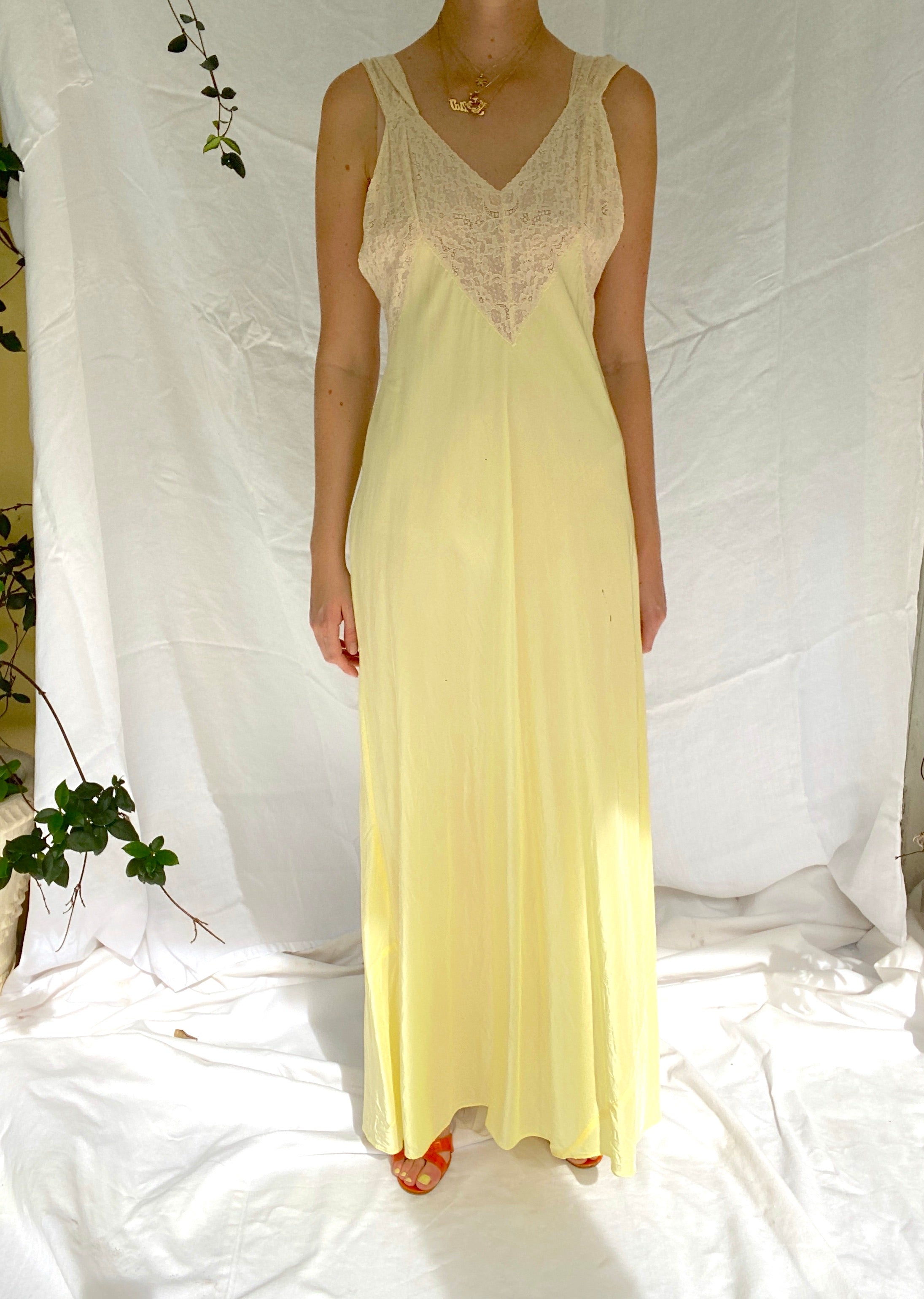 1930's Canary Yellow Slip with Cream Lace