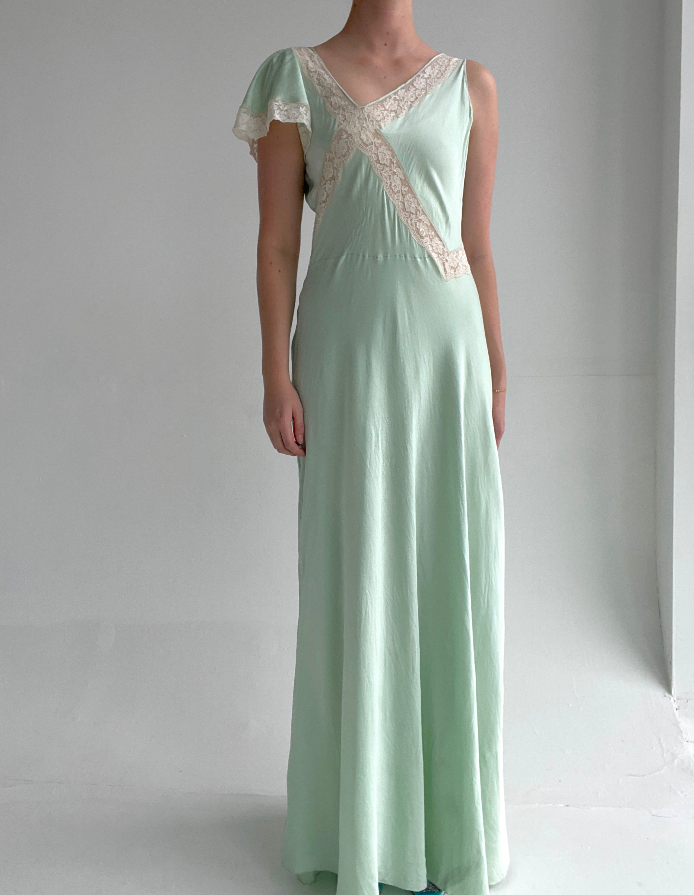 1930's Pale Seafoam Silk One Shoulder Dress Eveliina Vintage 1930's Pale Seafoam Silk One Shoulder Dress Eveliina Vintage