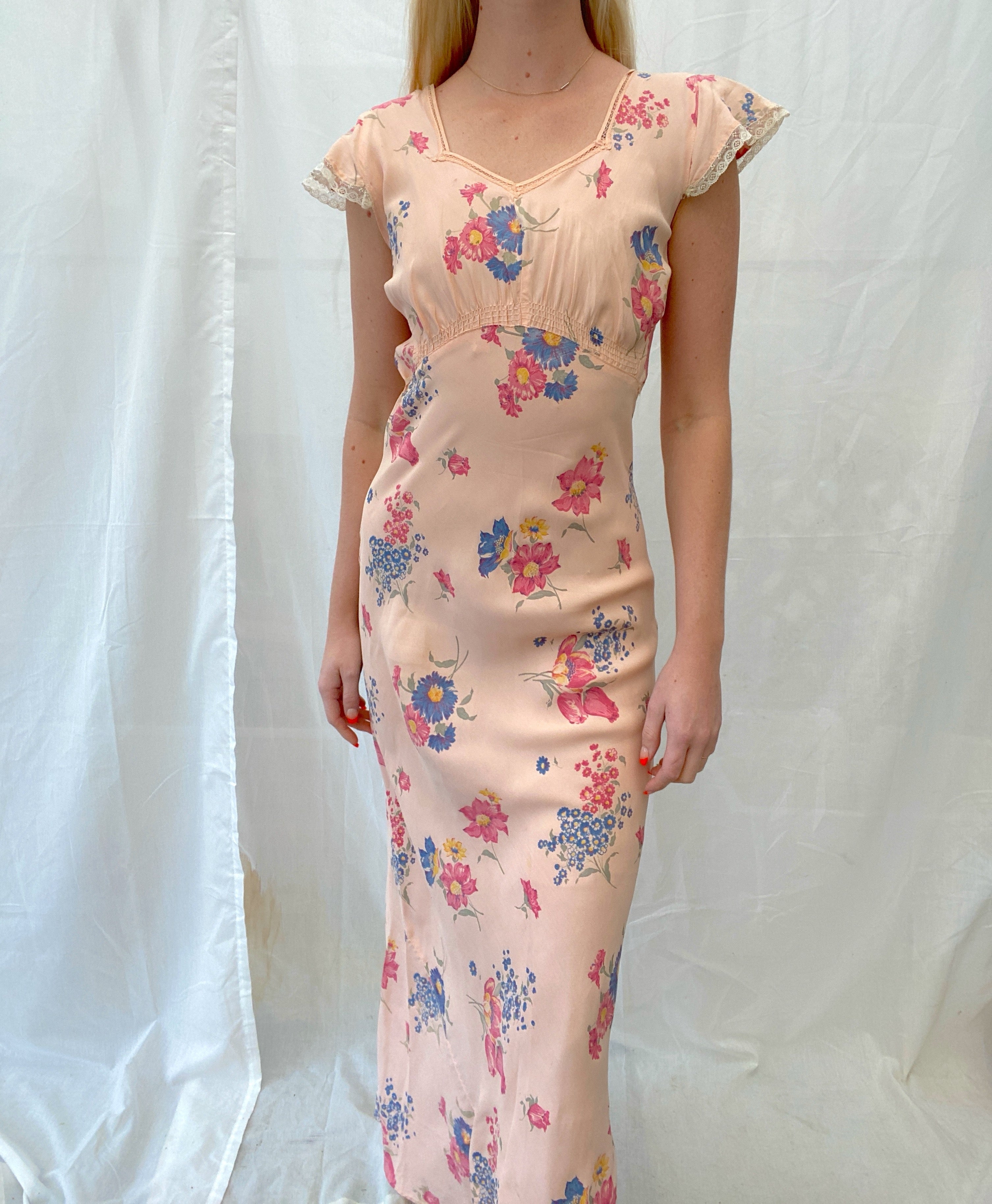 1940's Pink Floral Print Slip With Cap Sleeve