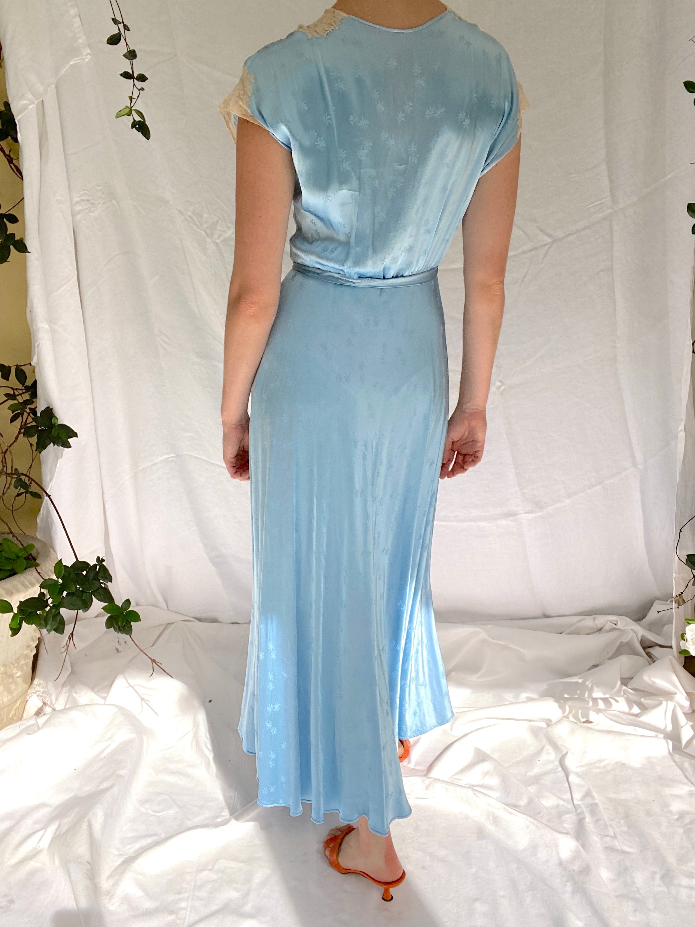 1930's Sky Blue Floral Silk Dress with Cream Lace