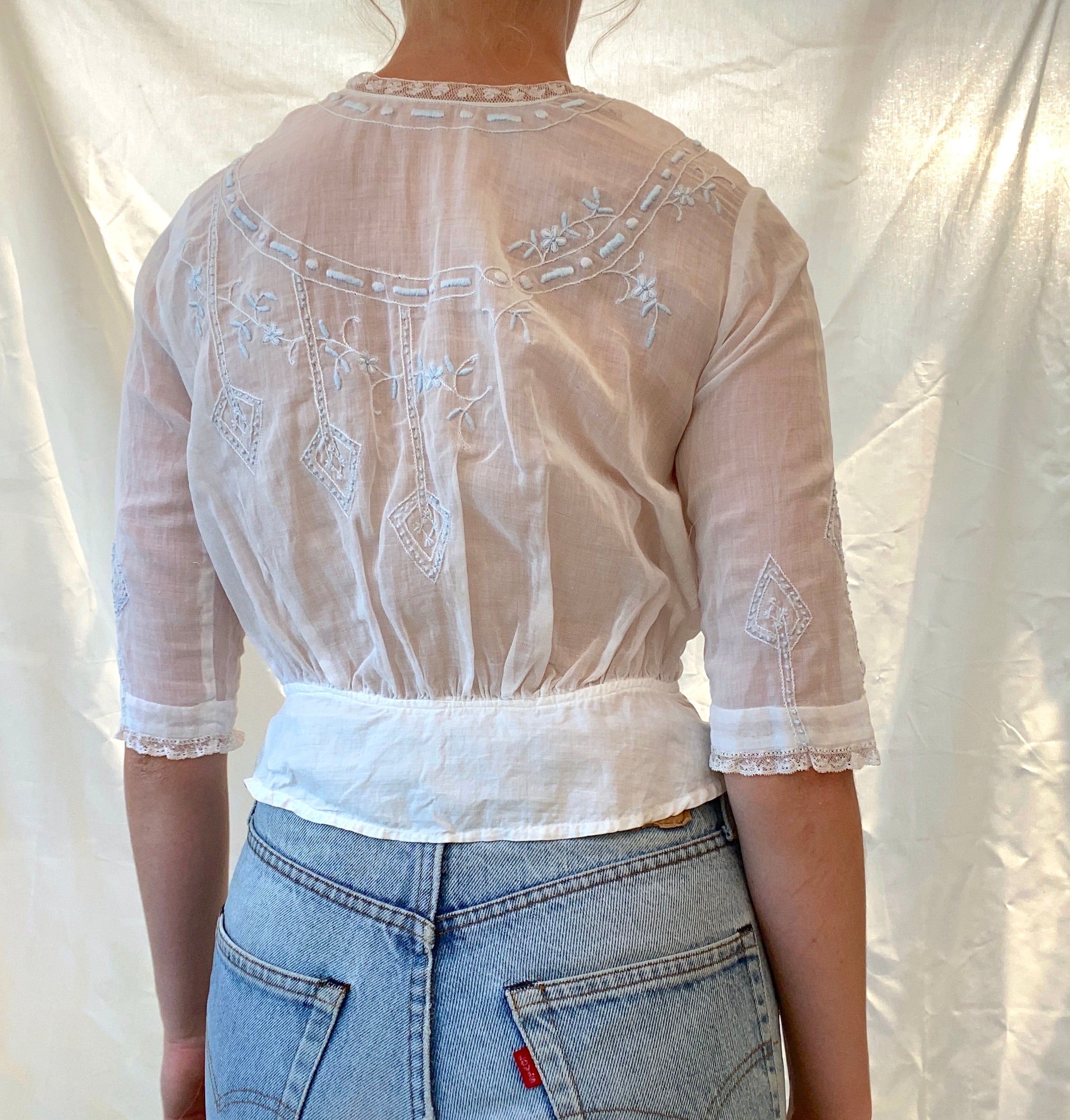 White Cotton Victorian Blouse with Light Blue Embroidery