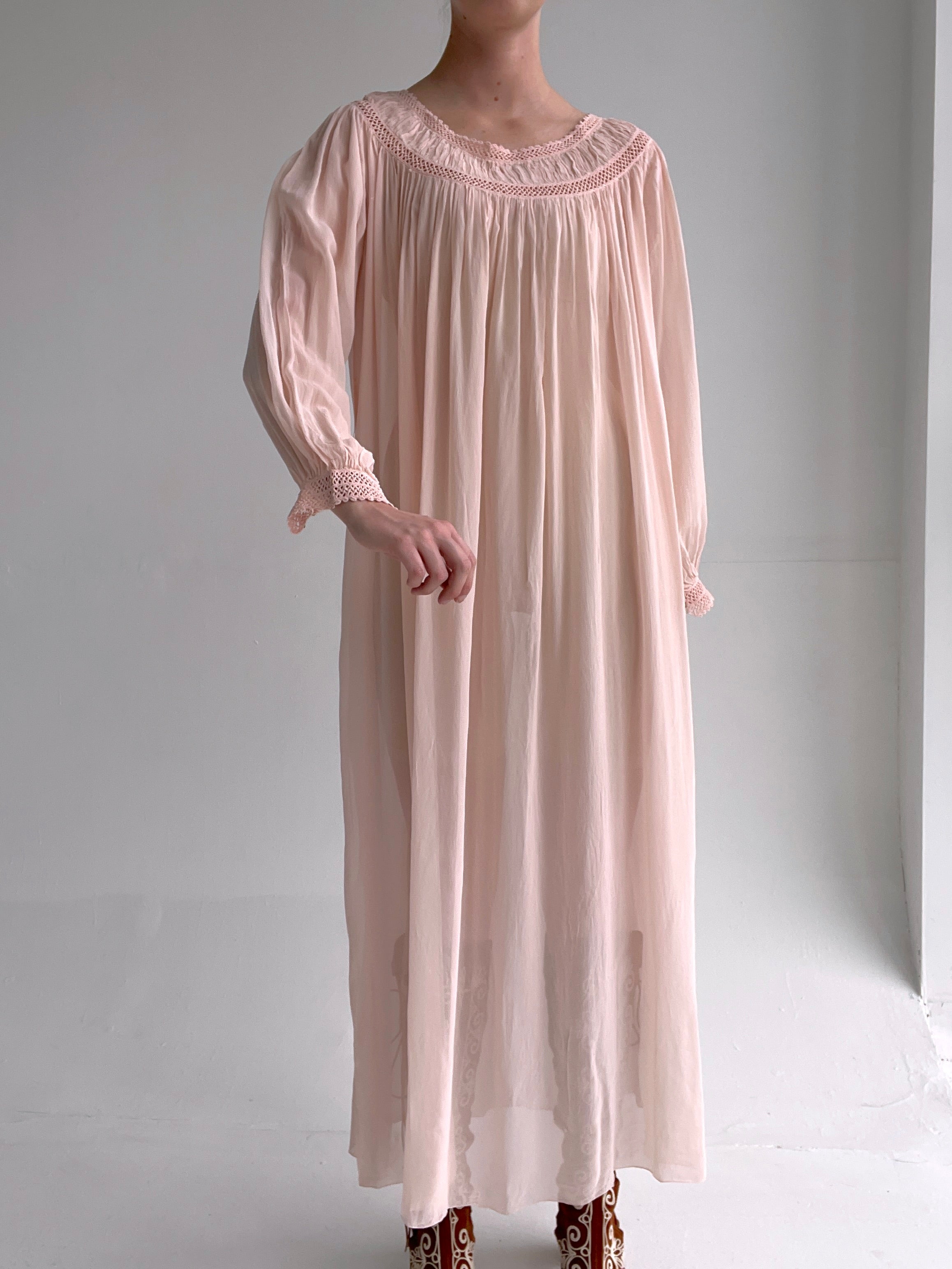 1930's Long Sleeve Pink Silk Chiffon Dress