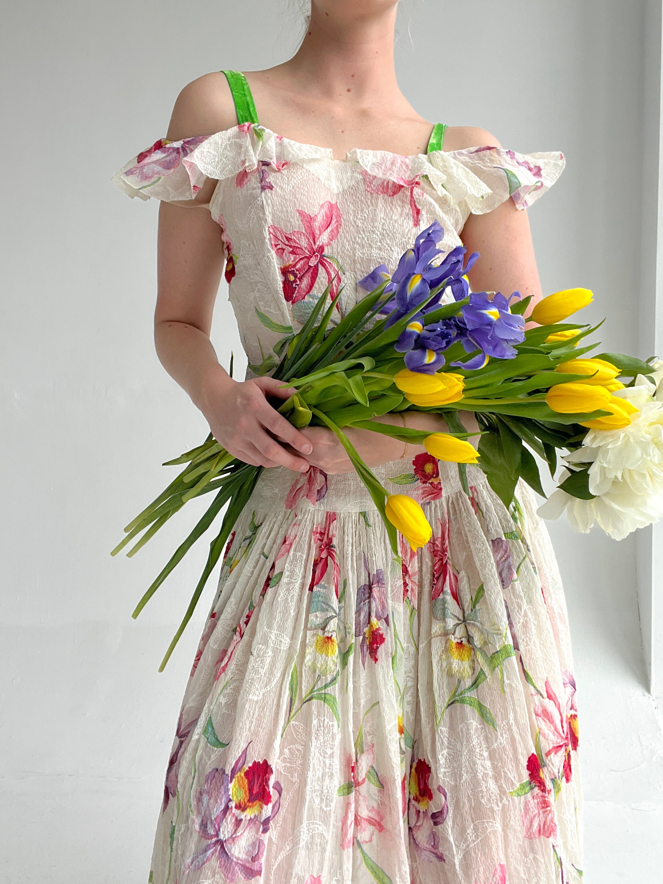 1930's Floral Print Organza Gown