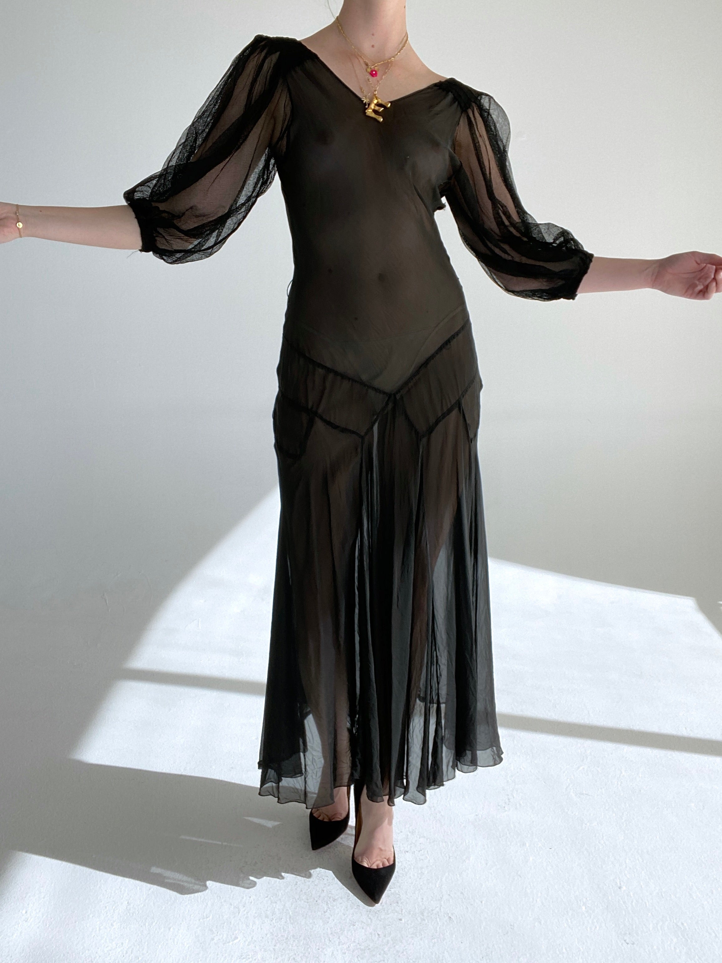 1920's Black Chiffon Dress with Net Puffed Sleeves Eveliina Vintage 1920's Black Chiffon Dress with Net Puffed Sleeves Eveliina Vintage