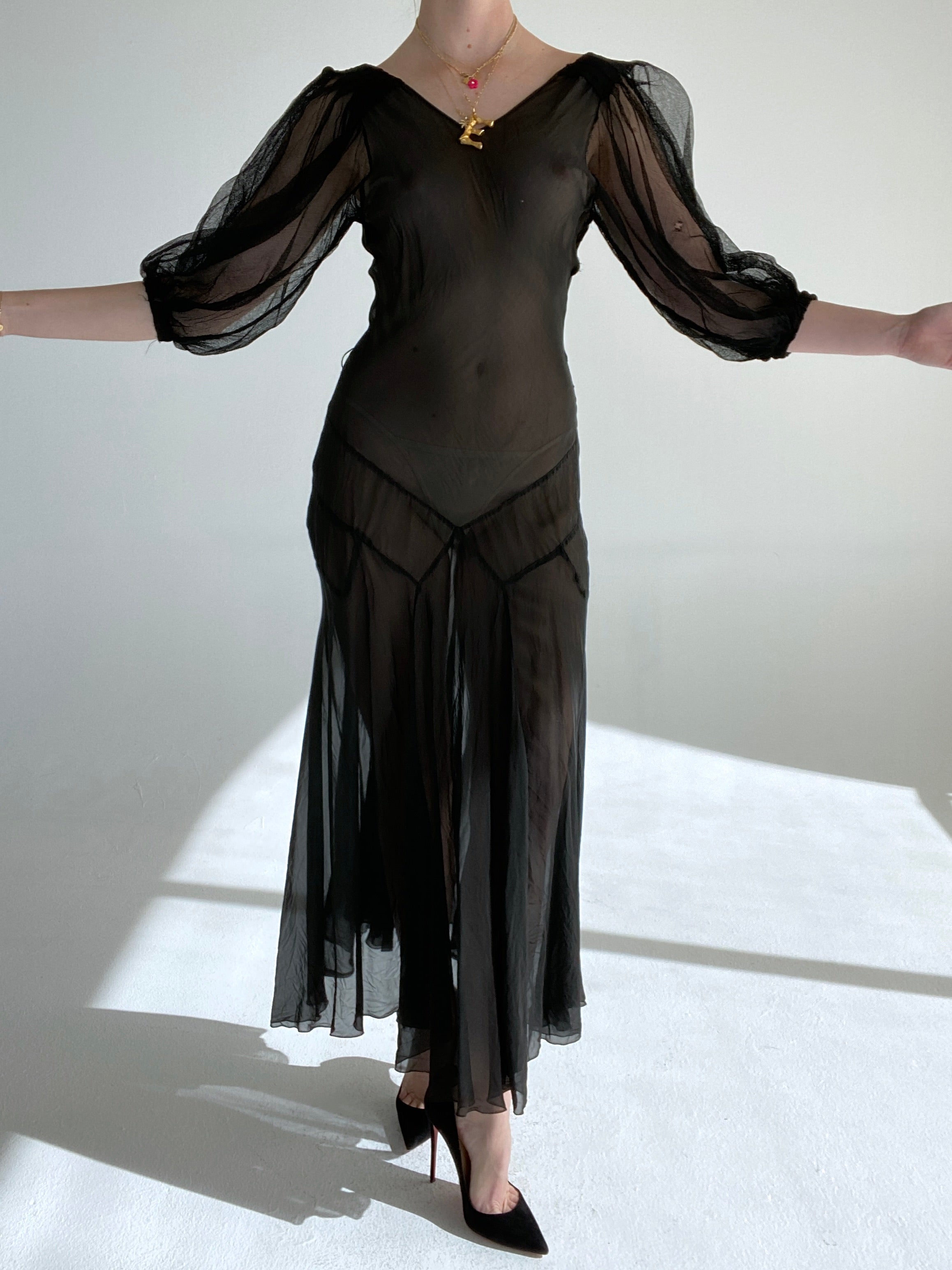 1920's Black Chiffon Dress with Net Puffed Sleeves Eveliina Vintage 1920's Black Chiffon Dress with Net Puffed Sleeves Eveliina Vintage