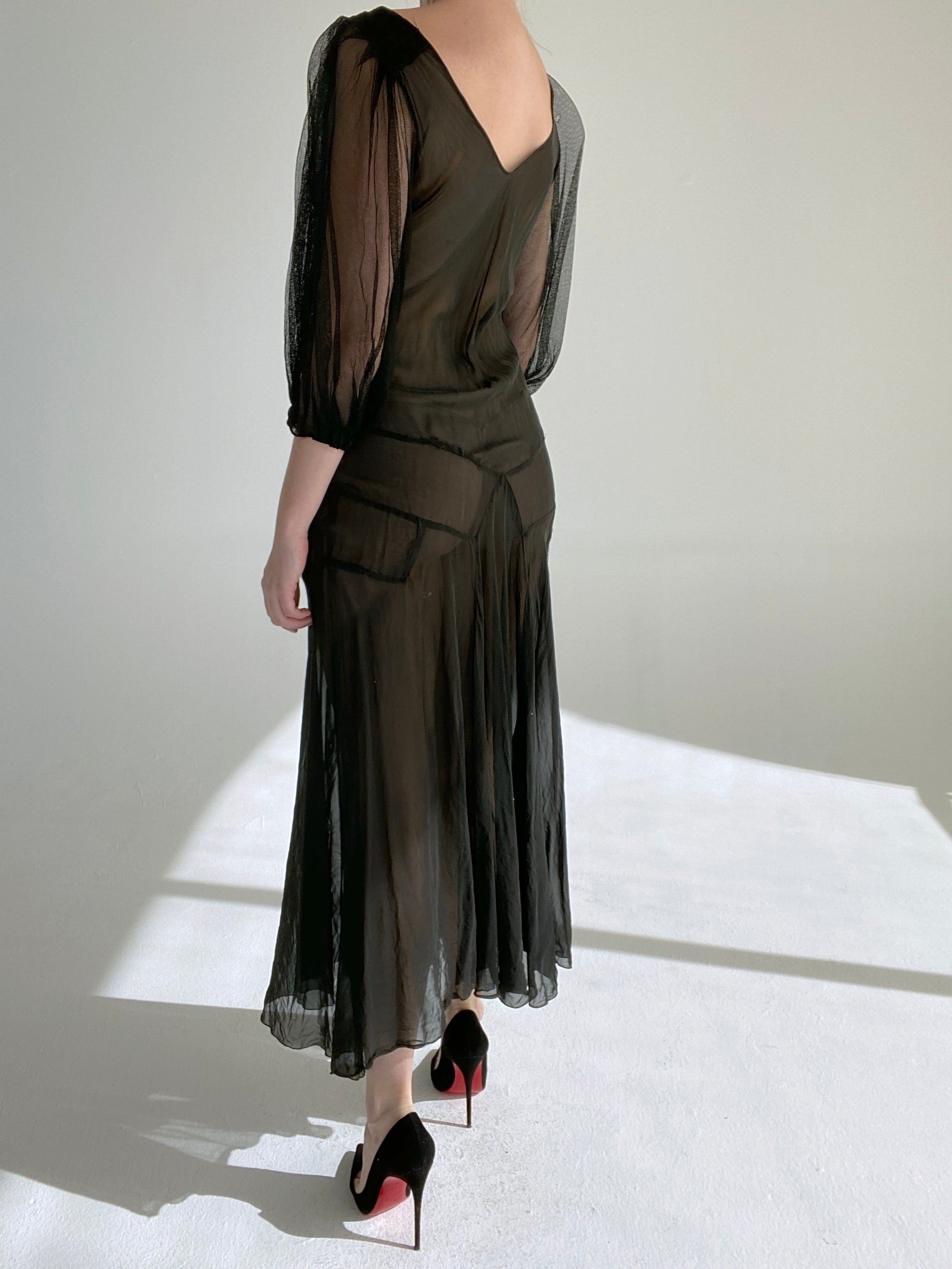 1920's Black Chiffon Dress with Net Puffed Sleeves Eveliina Vintage 1920's Black Chiffon Dress with Net Puffed Sleeves Eveliina Vintage