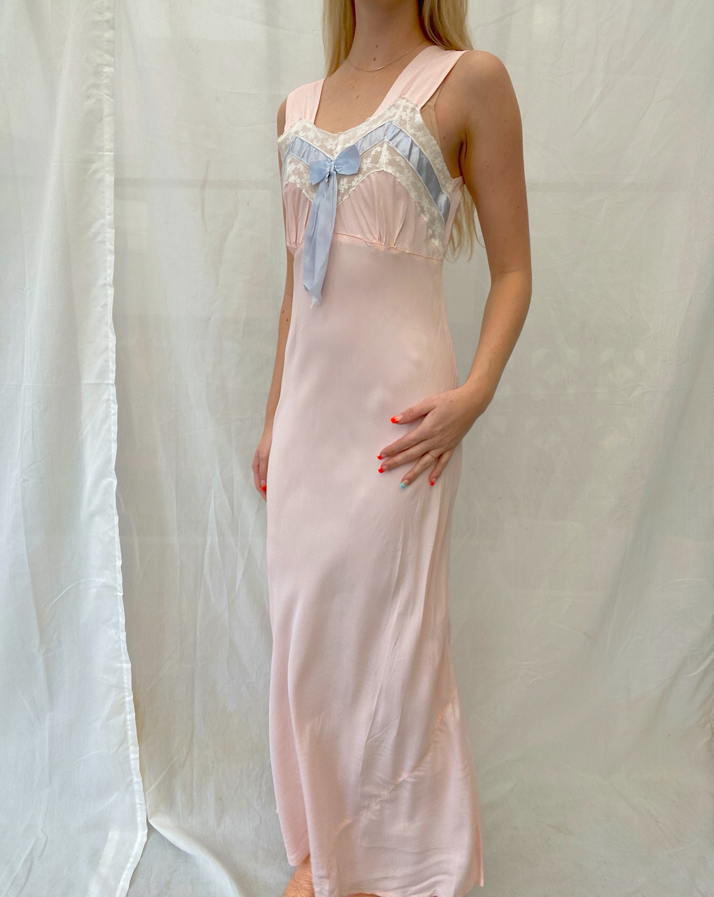 1940's Pink Slip with Blue Bow and White Lace