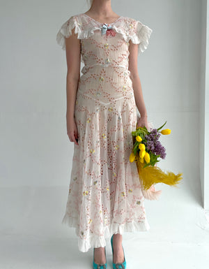 1930's Floral Organza Eyelet Gown