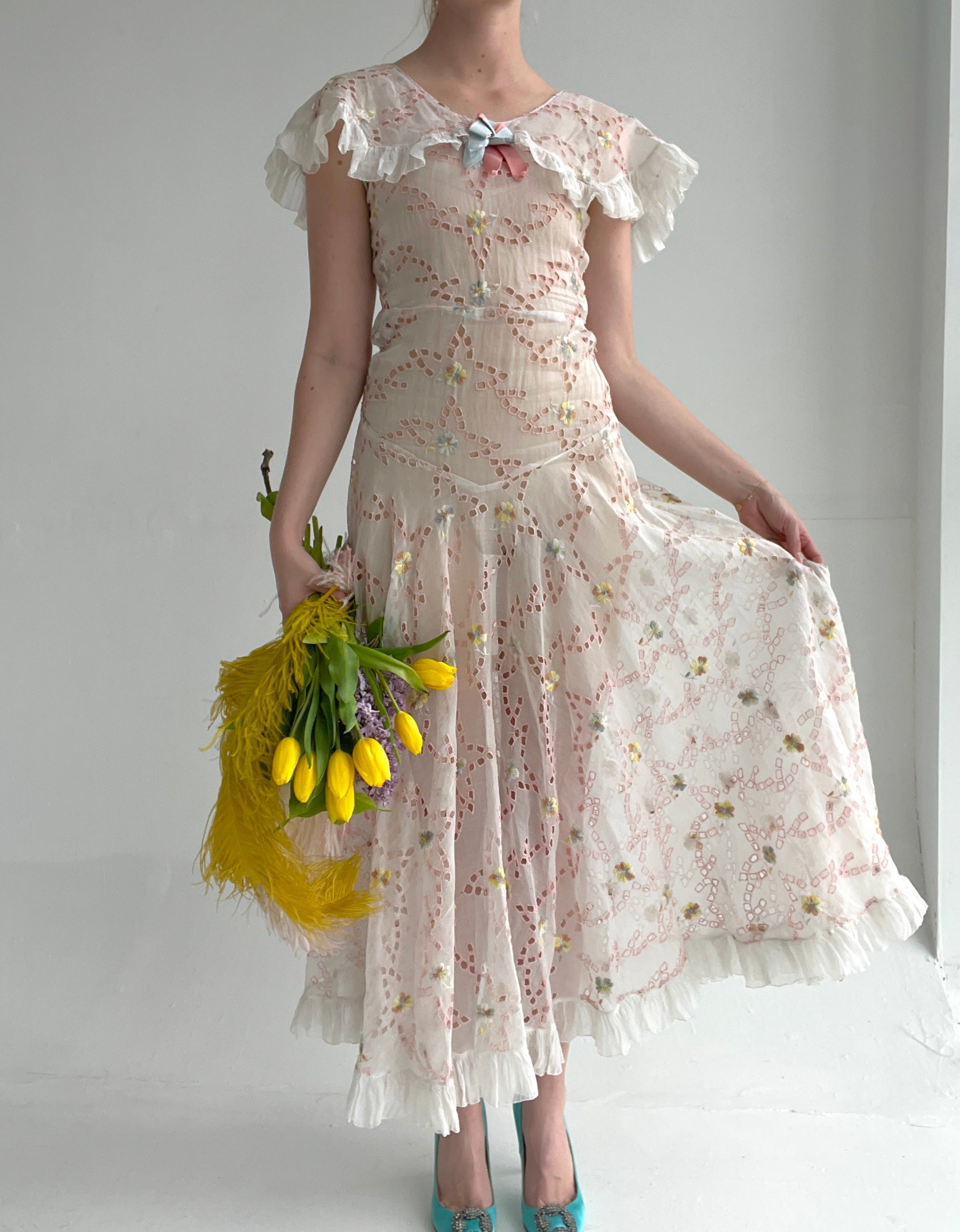 1930's Floral Organza Eyelet Gown