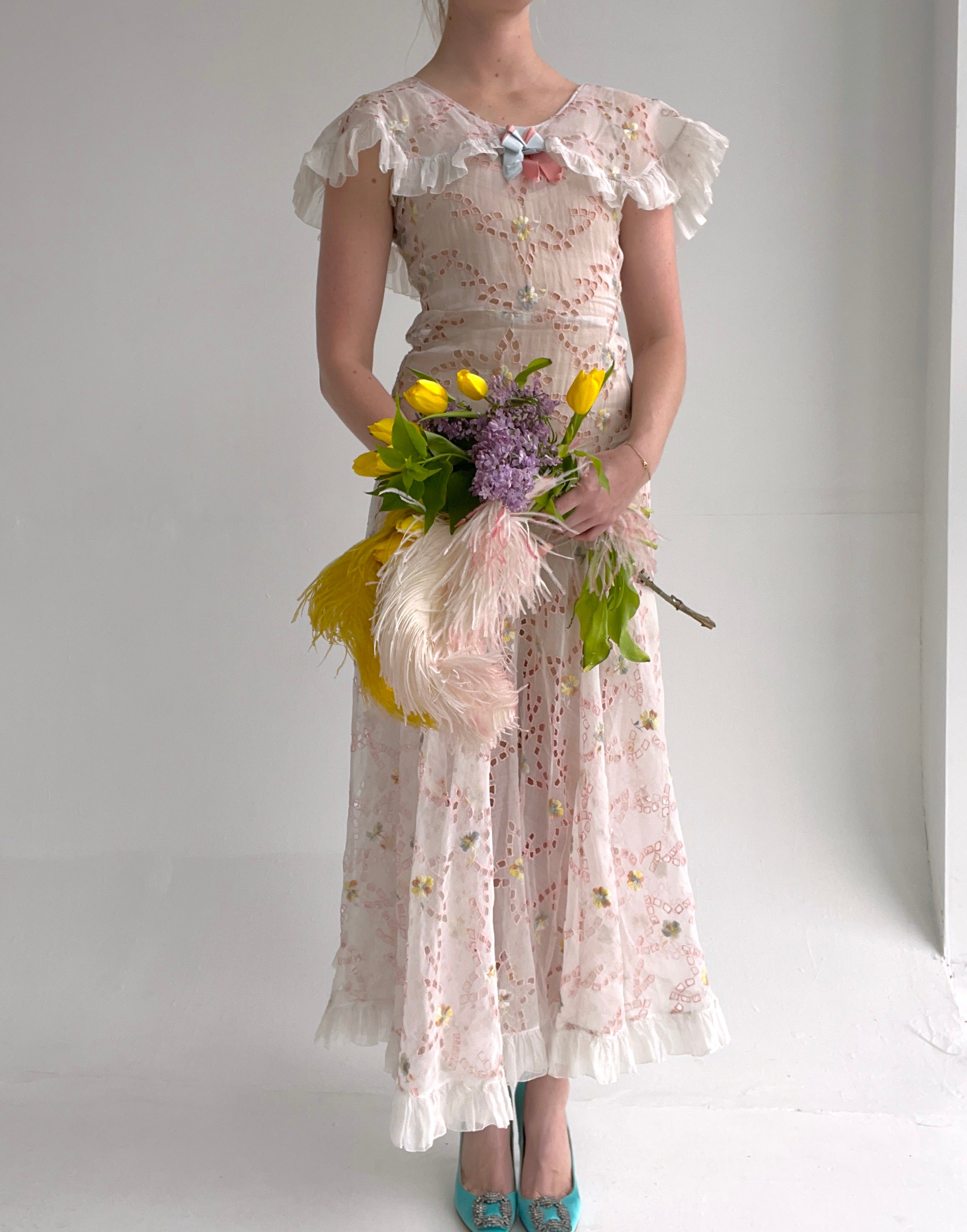 1930's Floral Organza Eyelet Gown