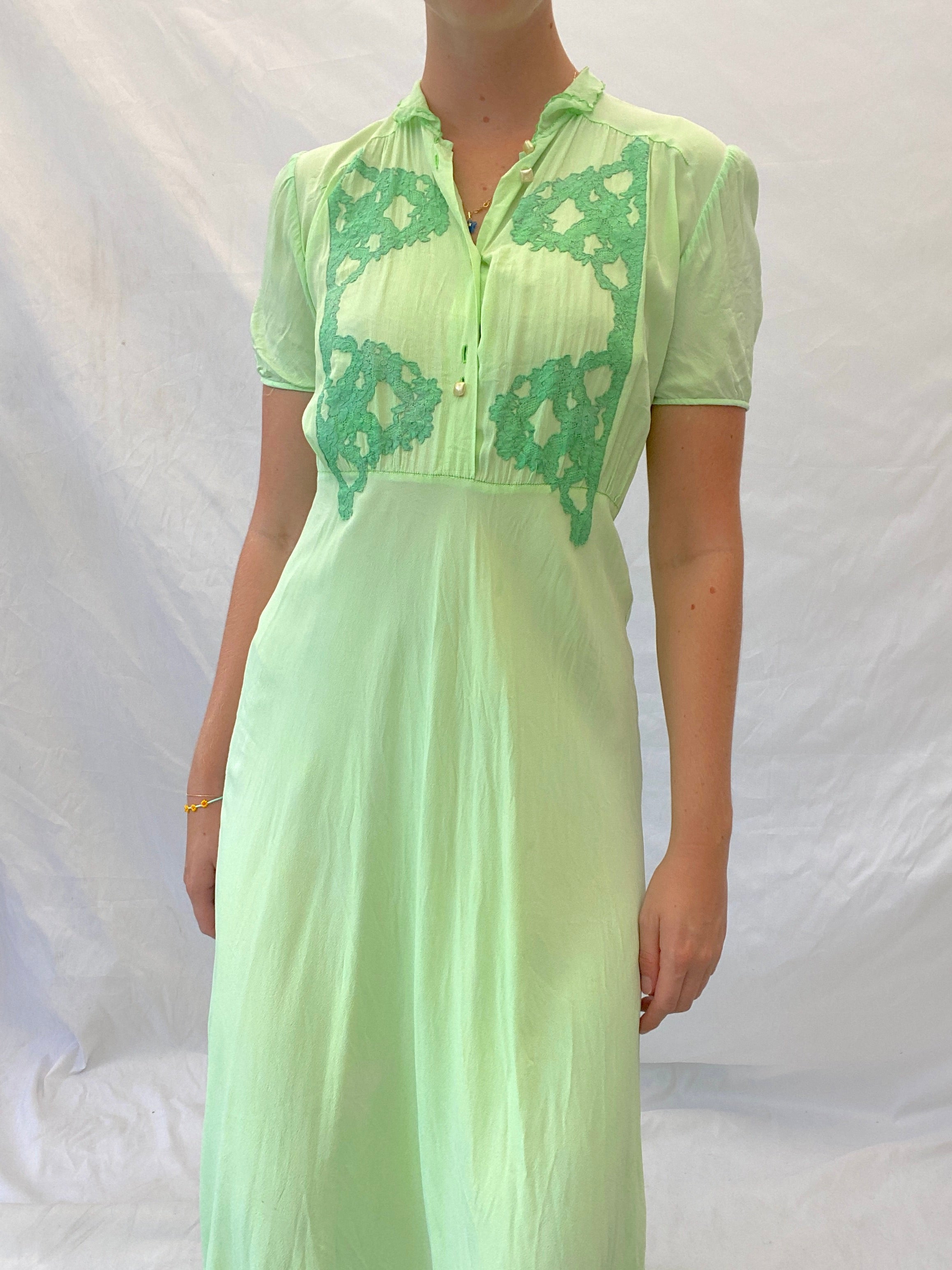 Hand Dyed Bright Green Short Sleeve Silk Dress with Lace