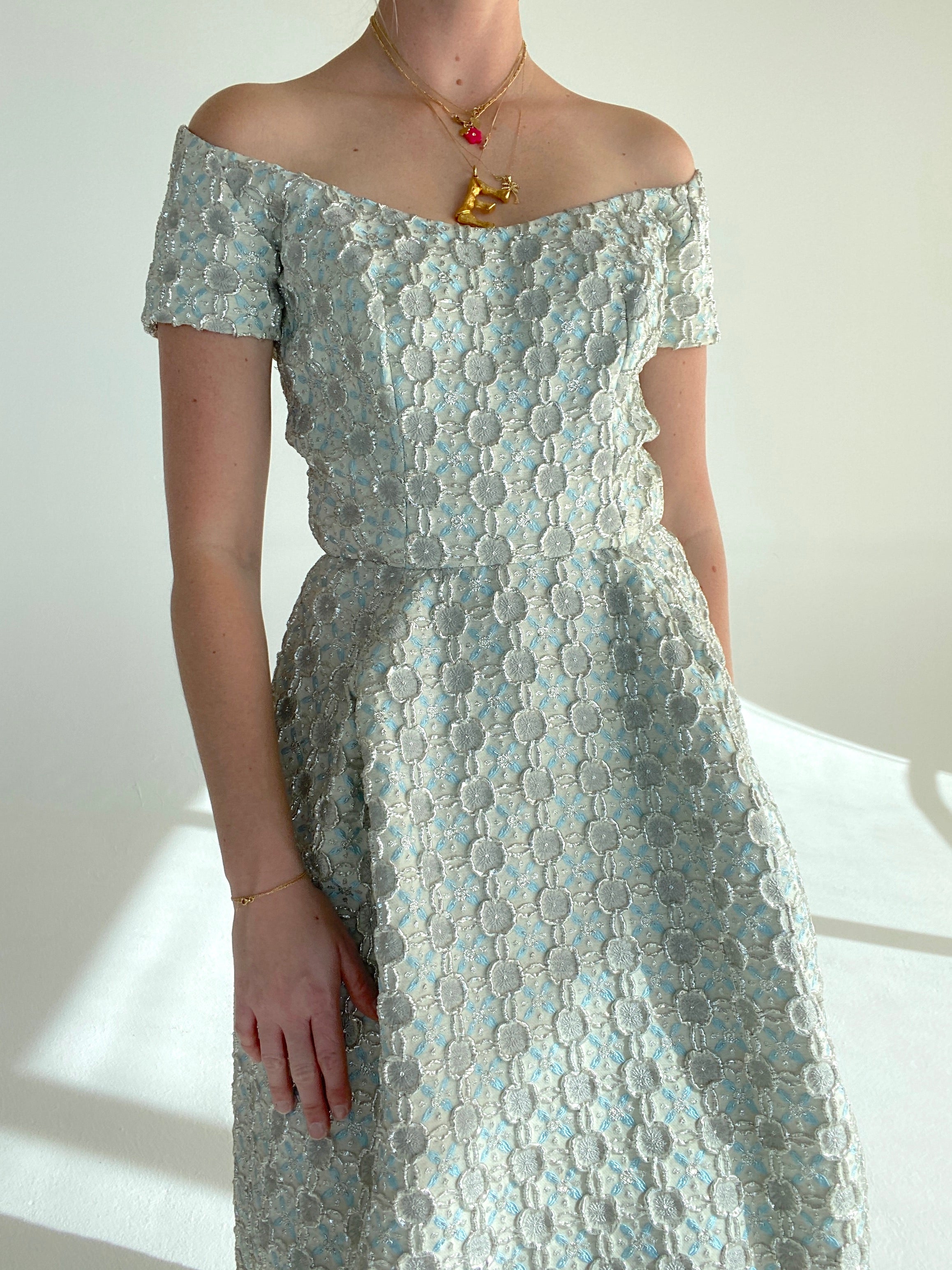 1960's Icy Blue and Silver Brocade Cocktail Dress Eveliina Vintage 1960's Icy Blue and Silver Brocade Cocktail Dress Eveliina Vintage