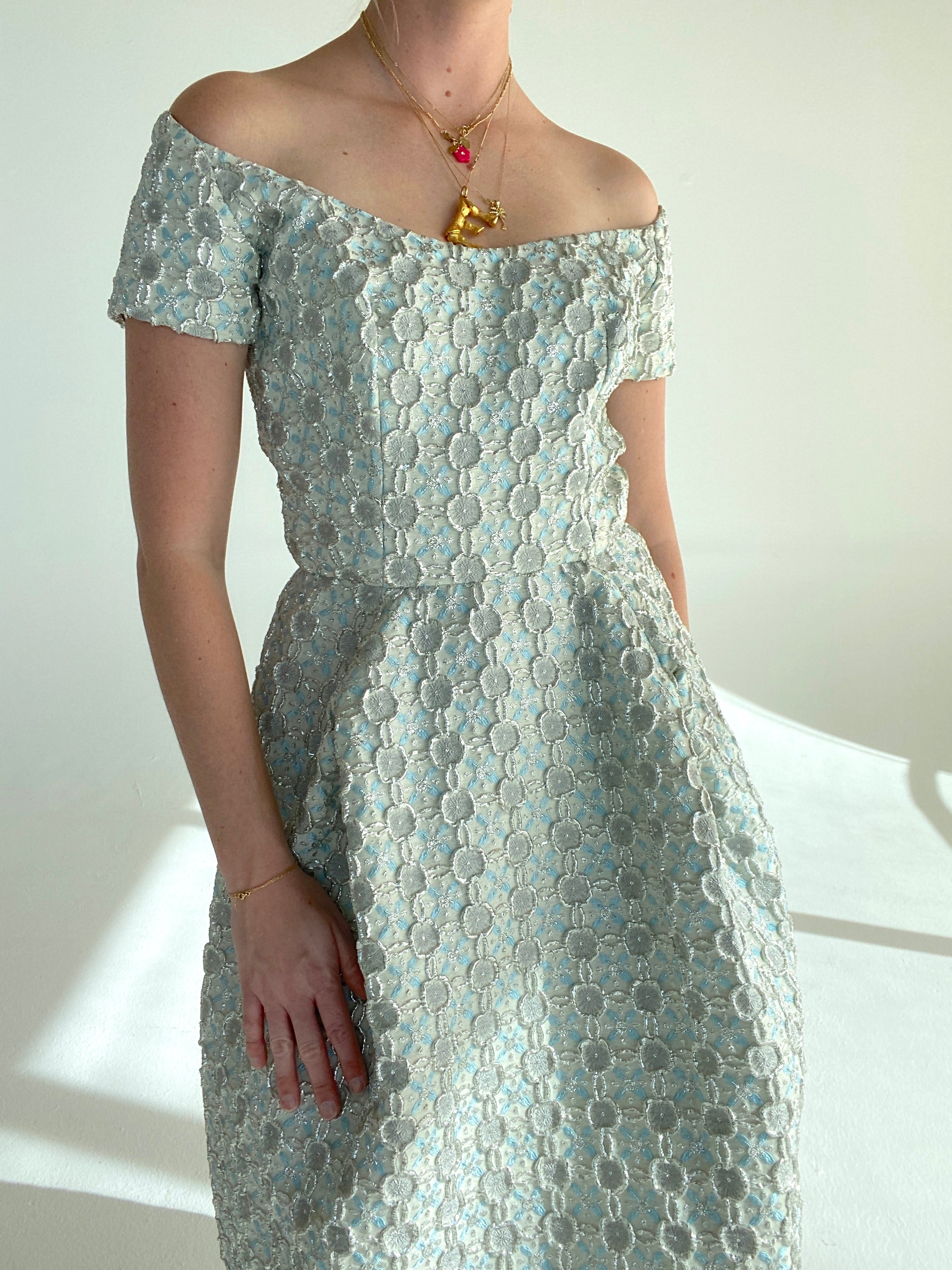1960's Icy Blue and Silver Brocade Cocktail Dress