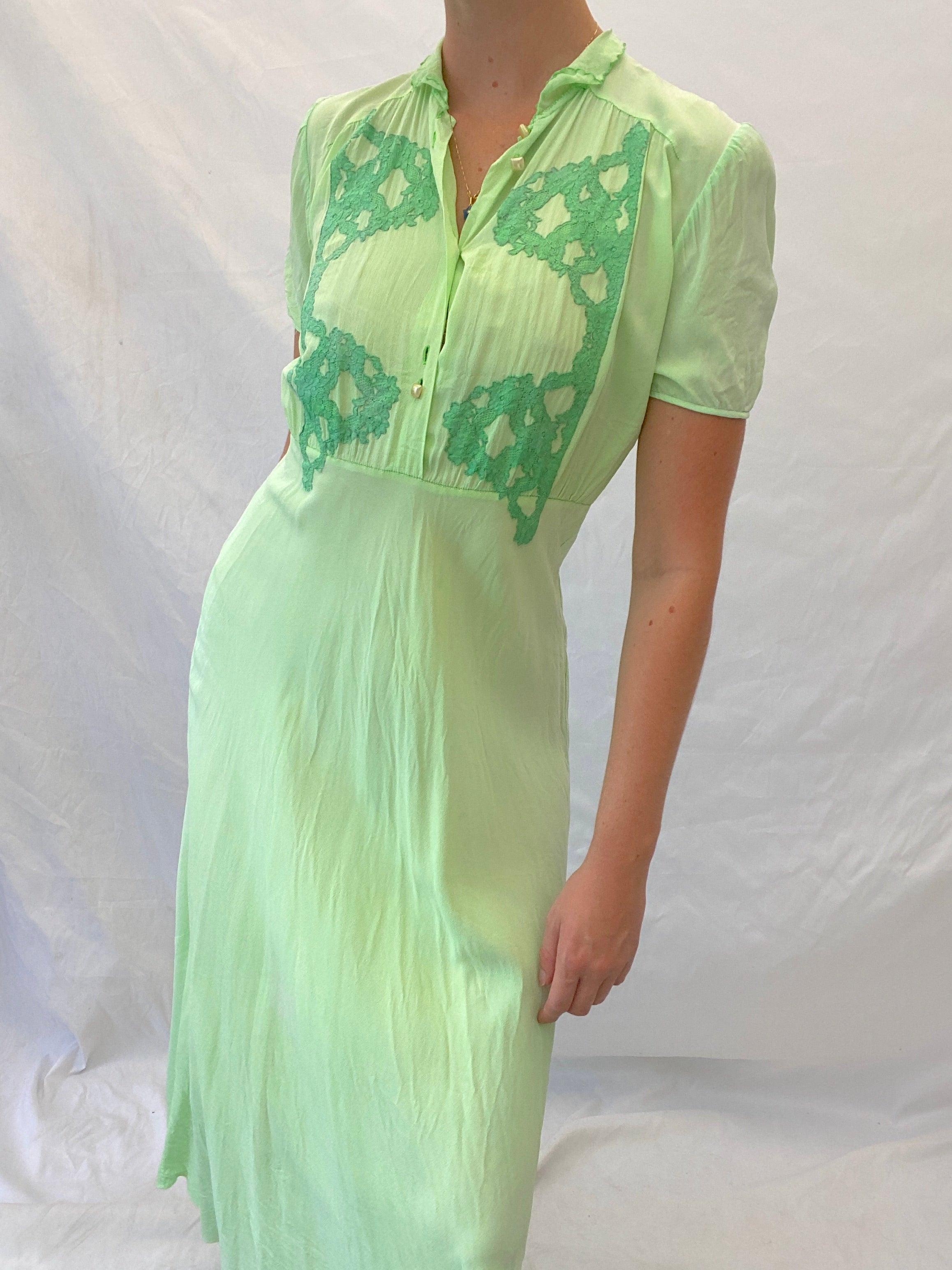 Hand Dyed Bright Green Short Sleeve Silk Dress with Lace