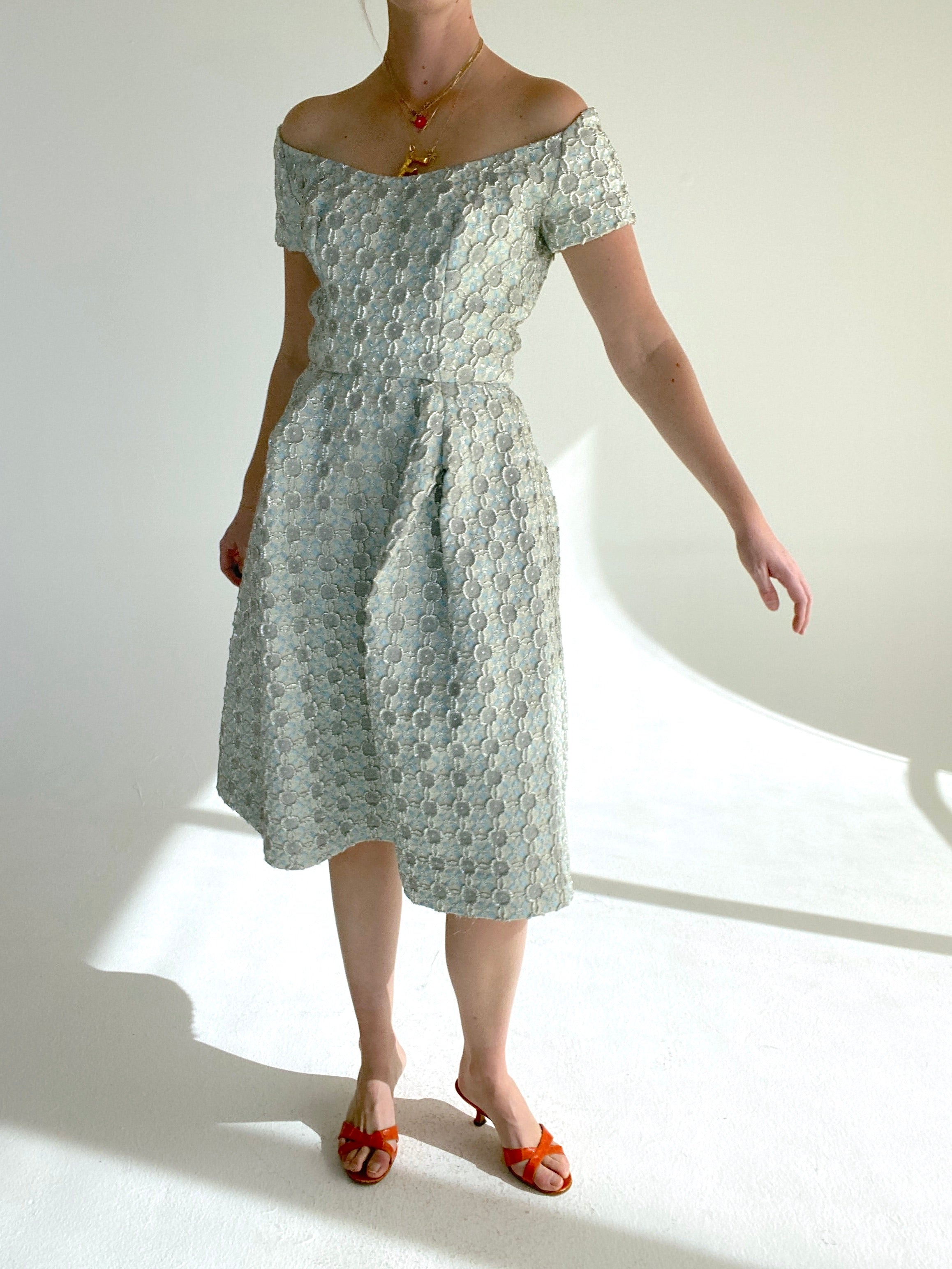 1960's Icy Blue and Silver Brocade Cocktail Dress Eveliina Vintage 1960's Icy Blue and Silver Brocade Cocktail Dress Eveliina Vintage