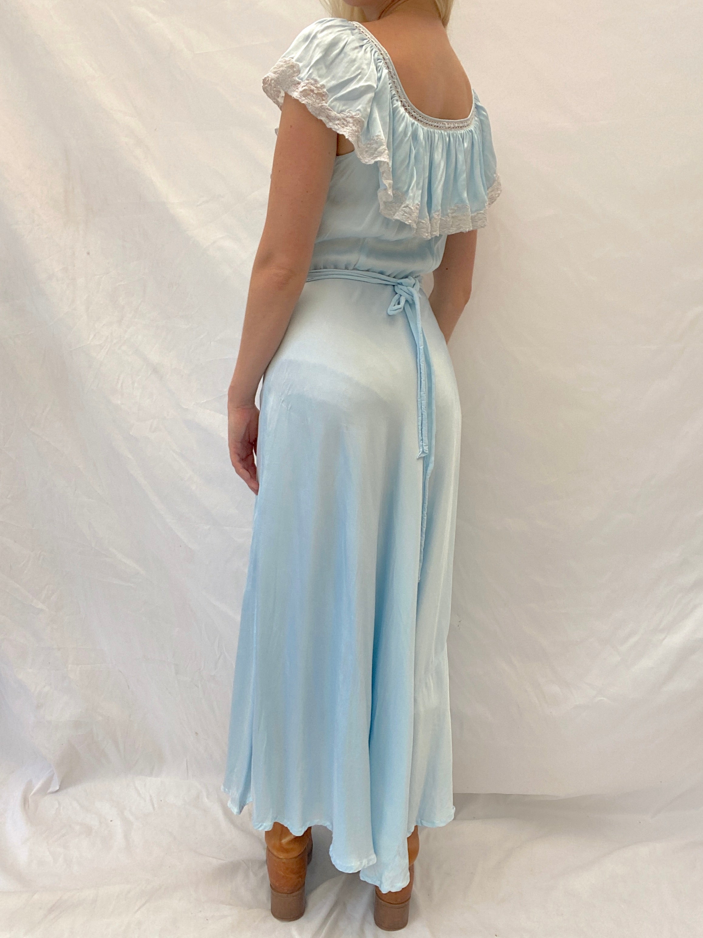 1940's Baby Blue Dress with Lace Trim Ruffle Collar