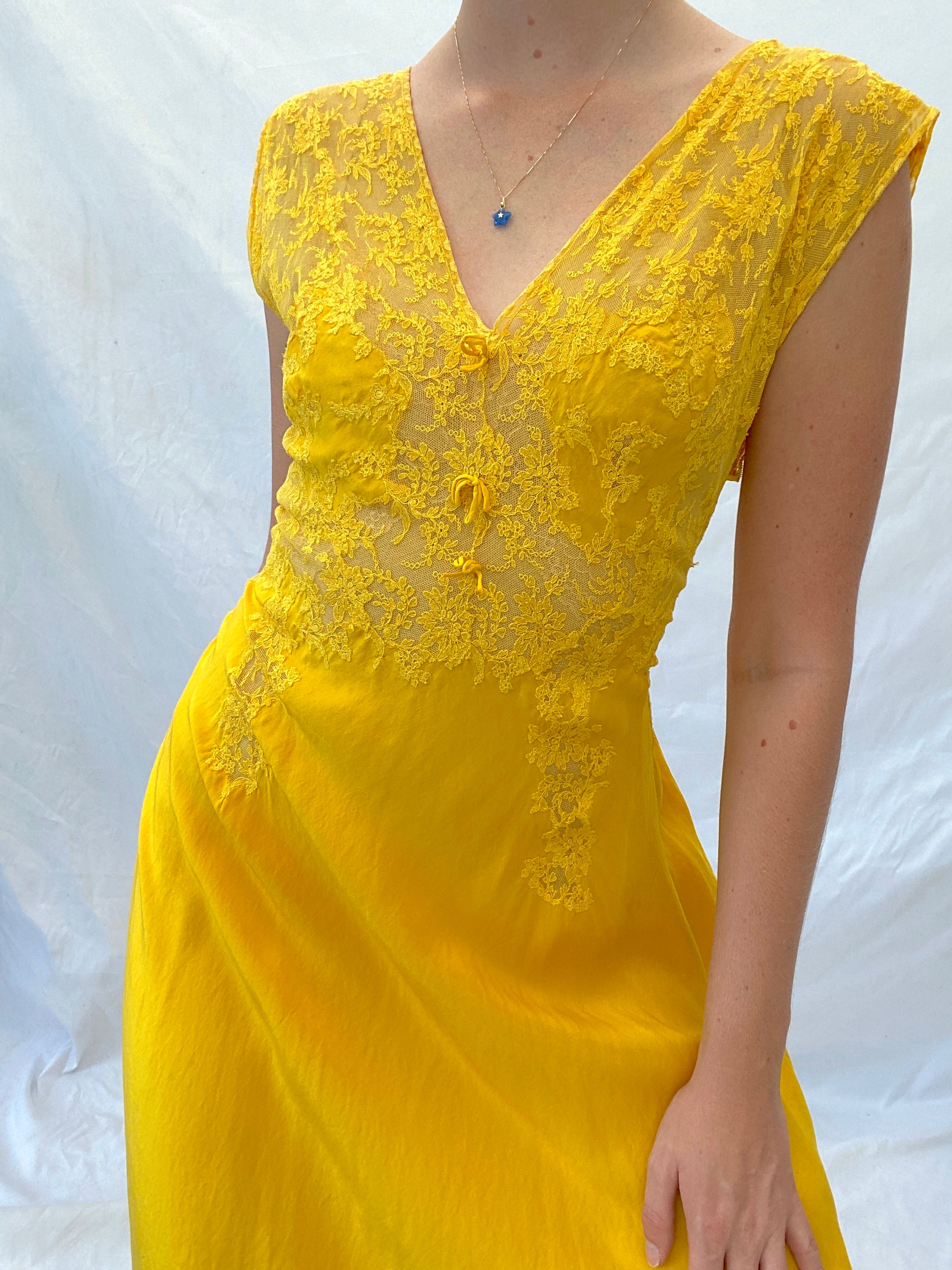 Hand Dyed Autumn Yellow Silk Dress with Lace Bust