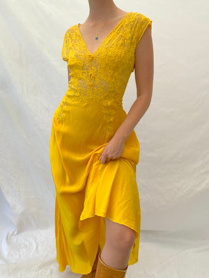 Hand Dyed Autumn Yellow Silk Dress with Lace Bust
