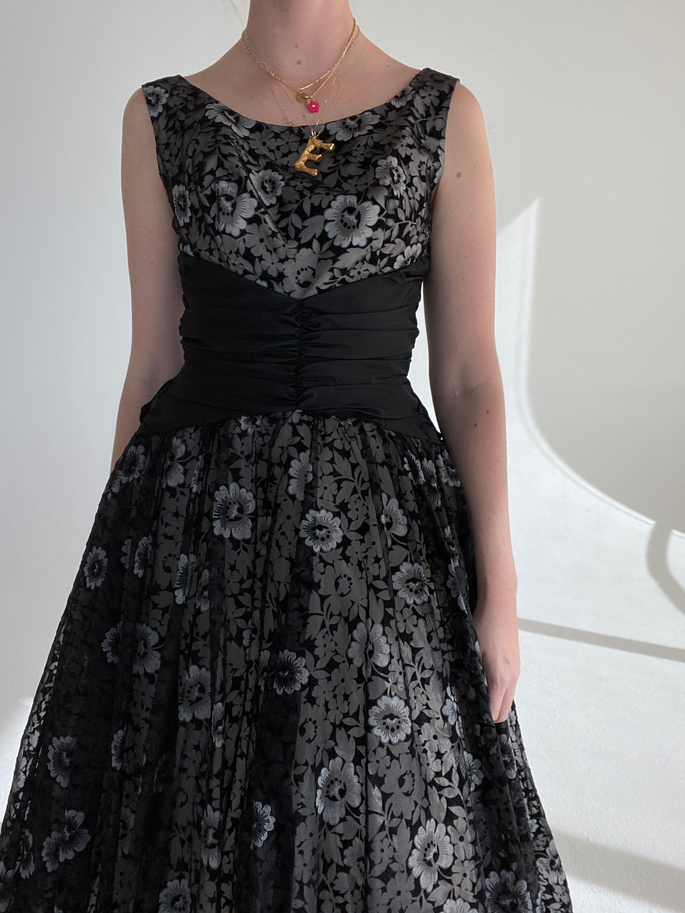 1950's Black Velvet and Organza Floral Party Dress