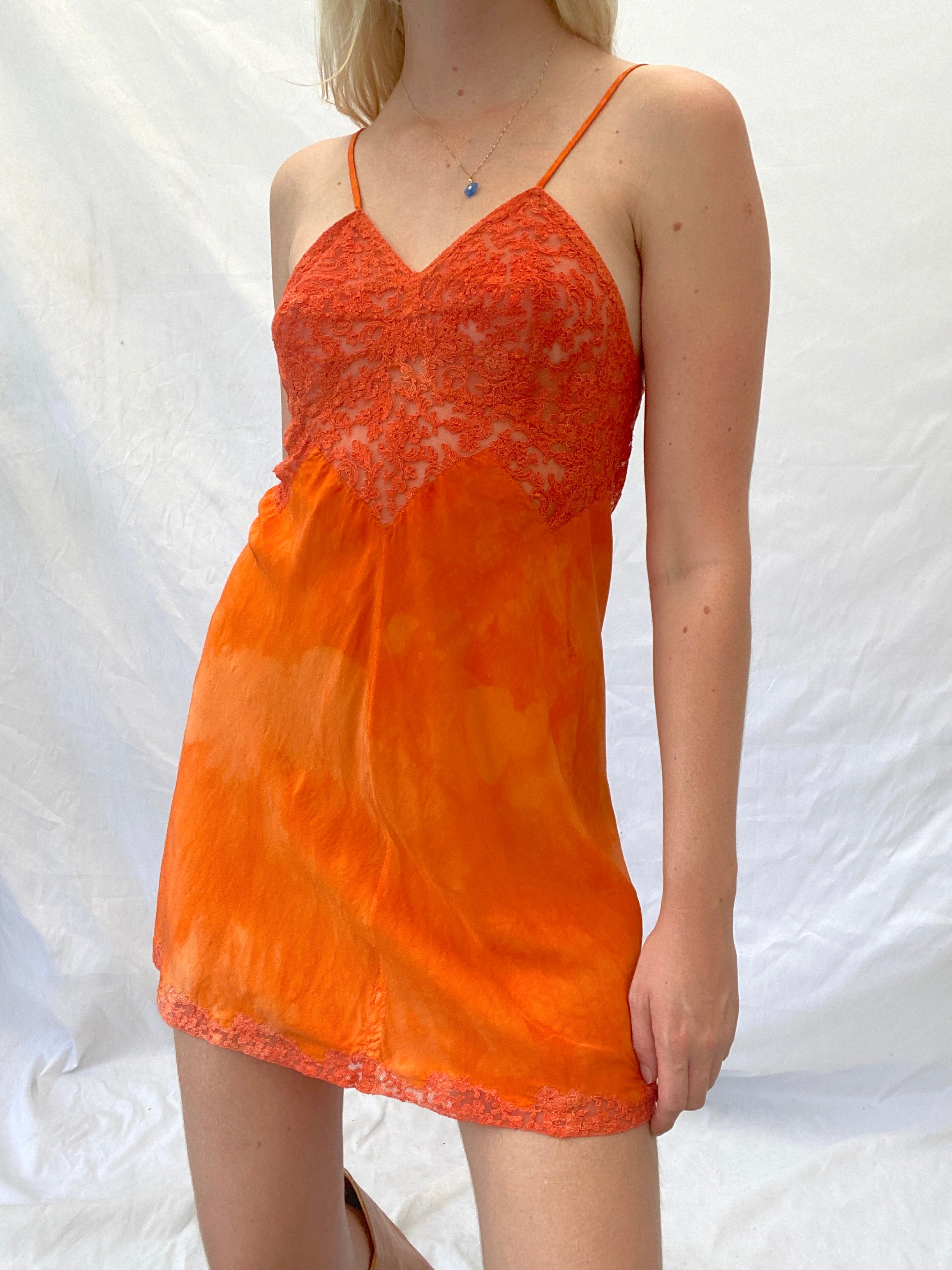 Hand Dyed Brick Red Silk Step In with Lace Bust