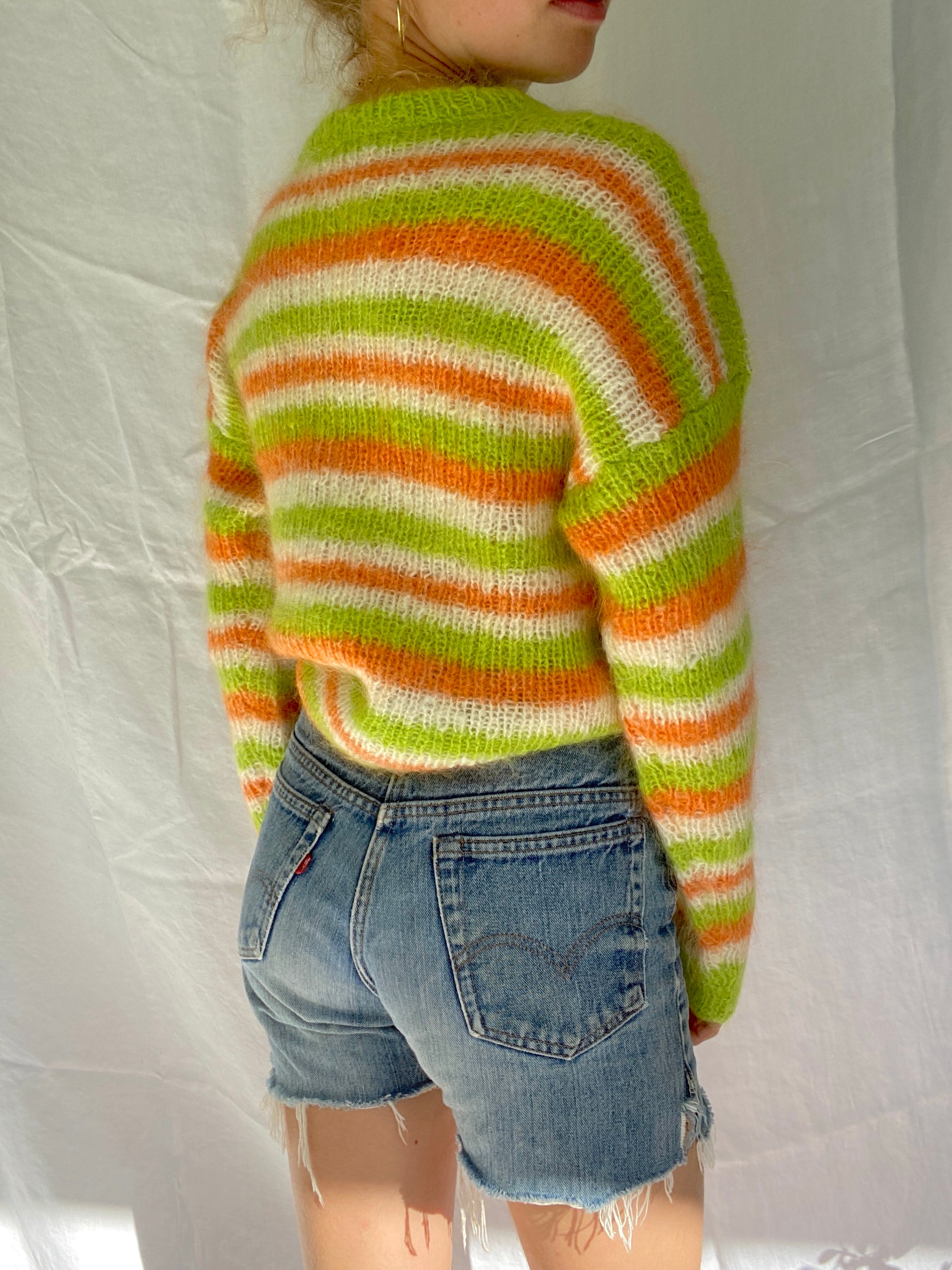 Hand Knit Green, Cream and Orange Striped Sweater