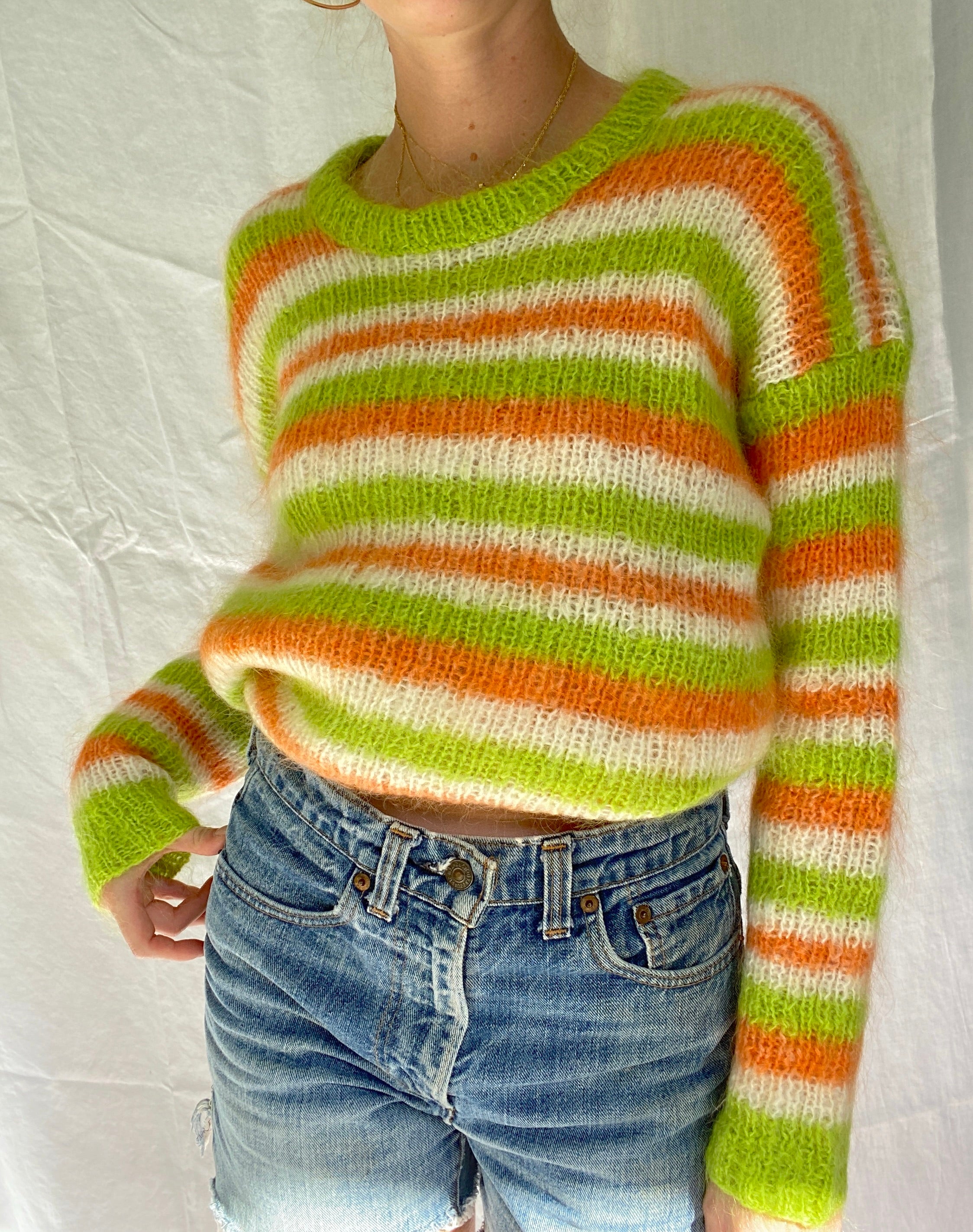Hand Knit Green, Cream and Orange Striped Sweater